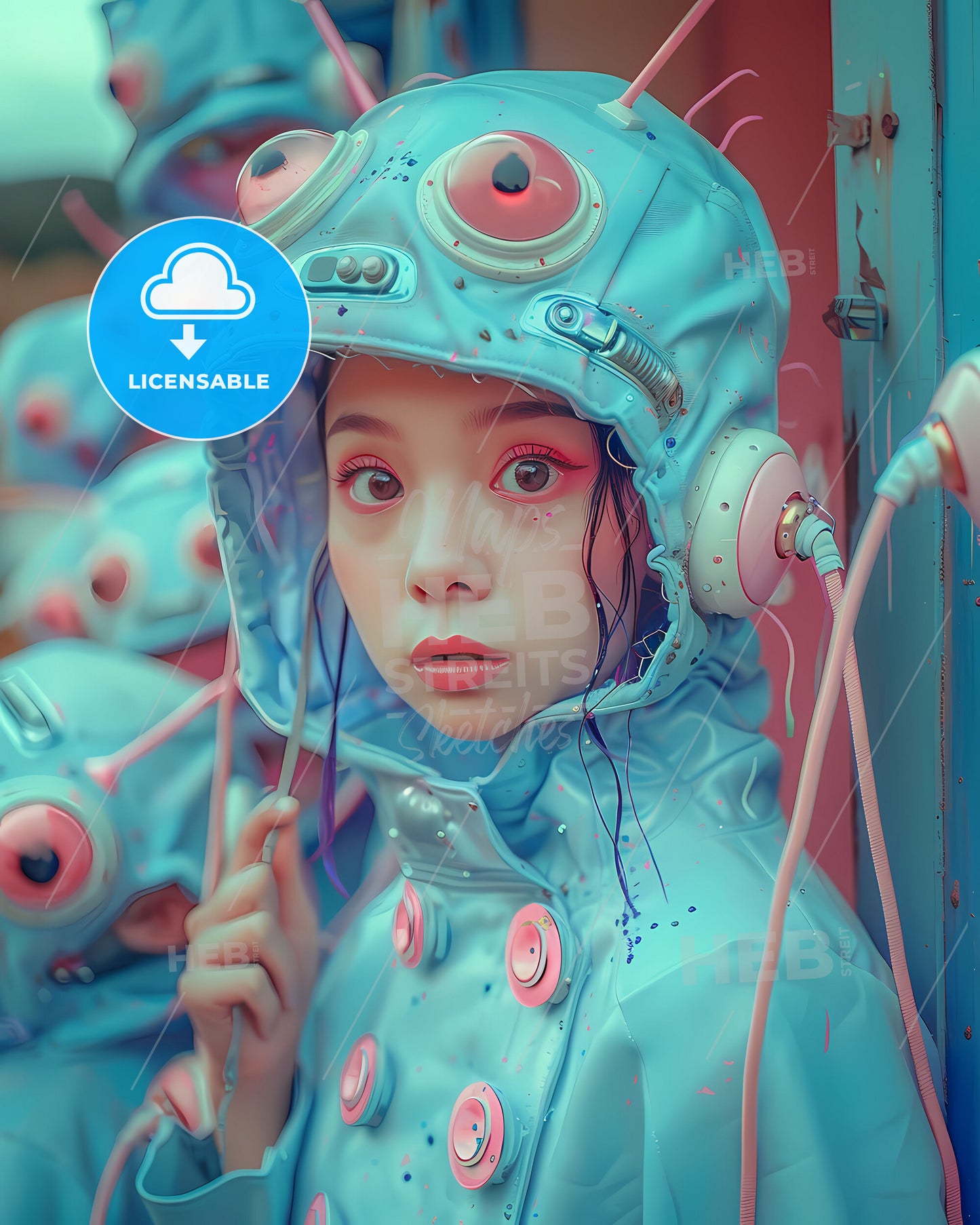 Pastel-toned retrofuturistic girl enters huge door in futuristic skyscraper, watched by strange creatures, hyper-realistic cinematic painting