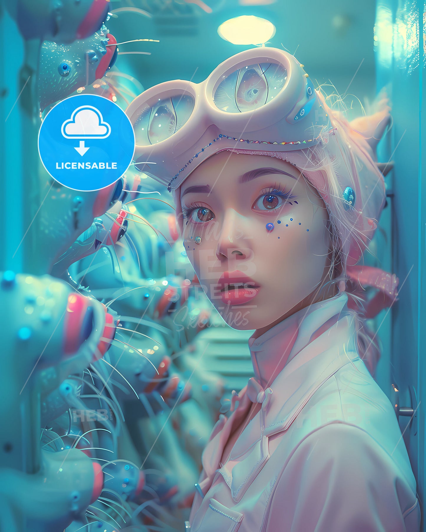 Retrofuturistic Pastel Dream: Woman in Pink Costume Enters Futuristic Door in Charcoal Skyscraper