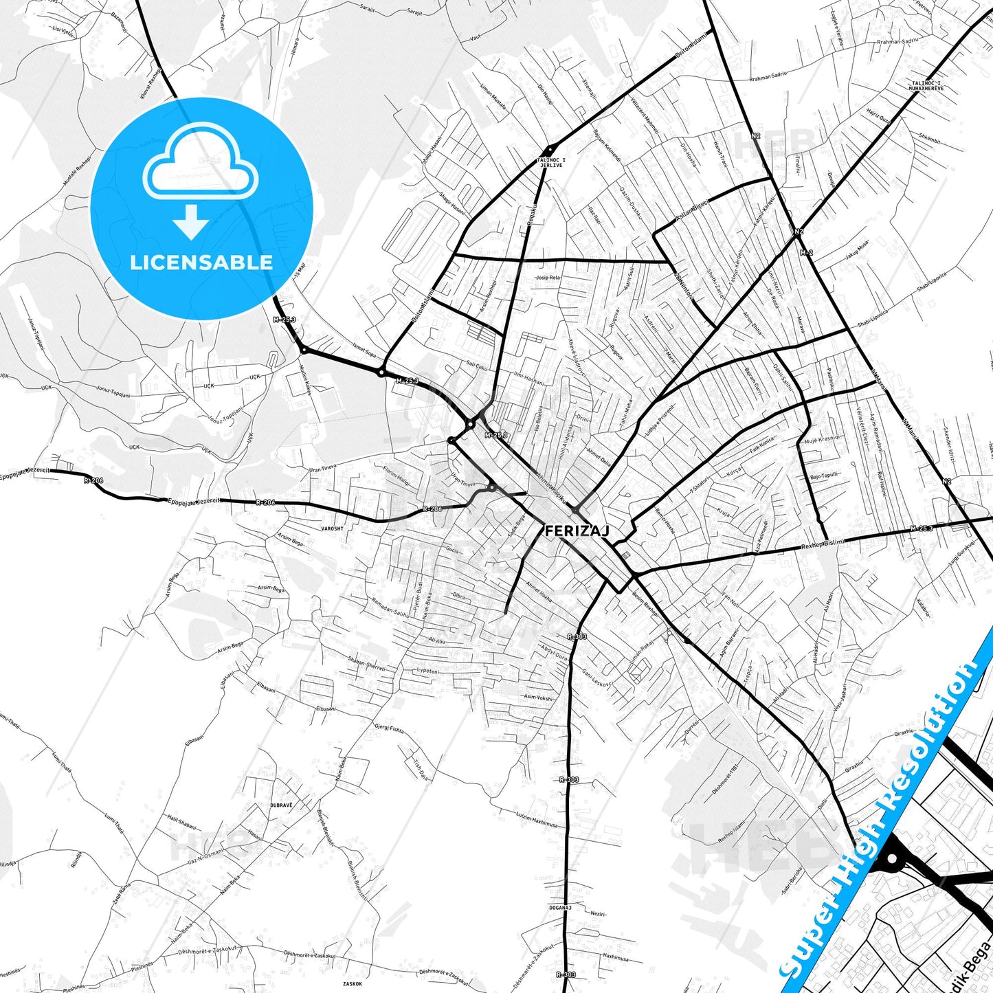 Ferizaj / Uroševac, Kosovo Light Map with Street Names, City Names, and Districts