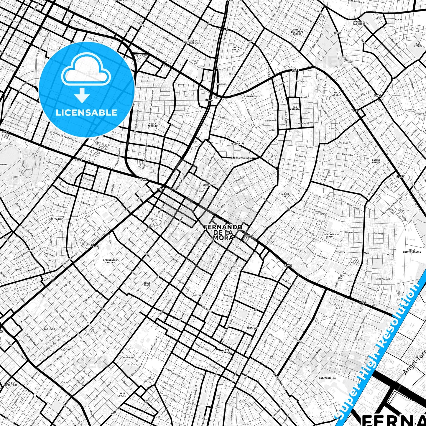 Fernando de la Mora, Paraguay Light Map with Street Names, City Names, and Districts