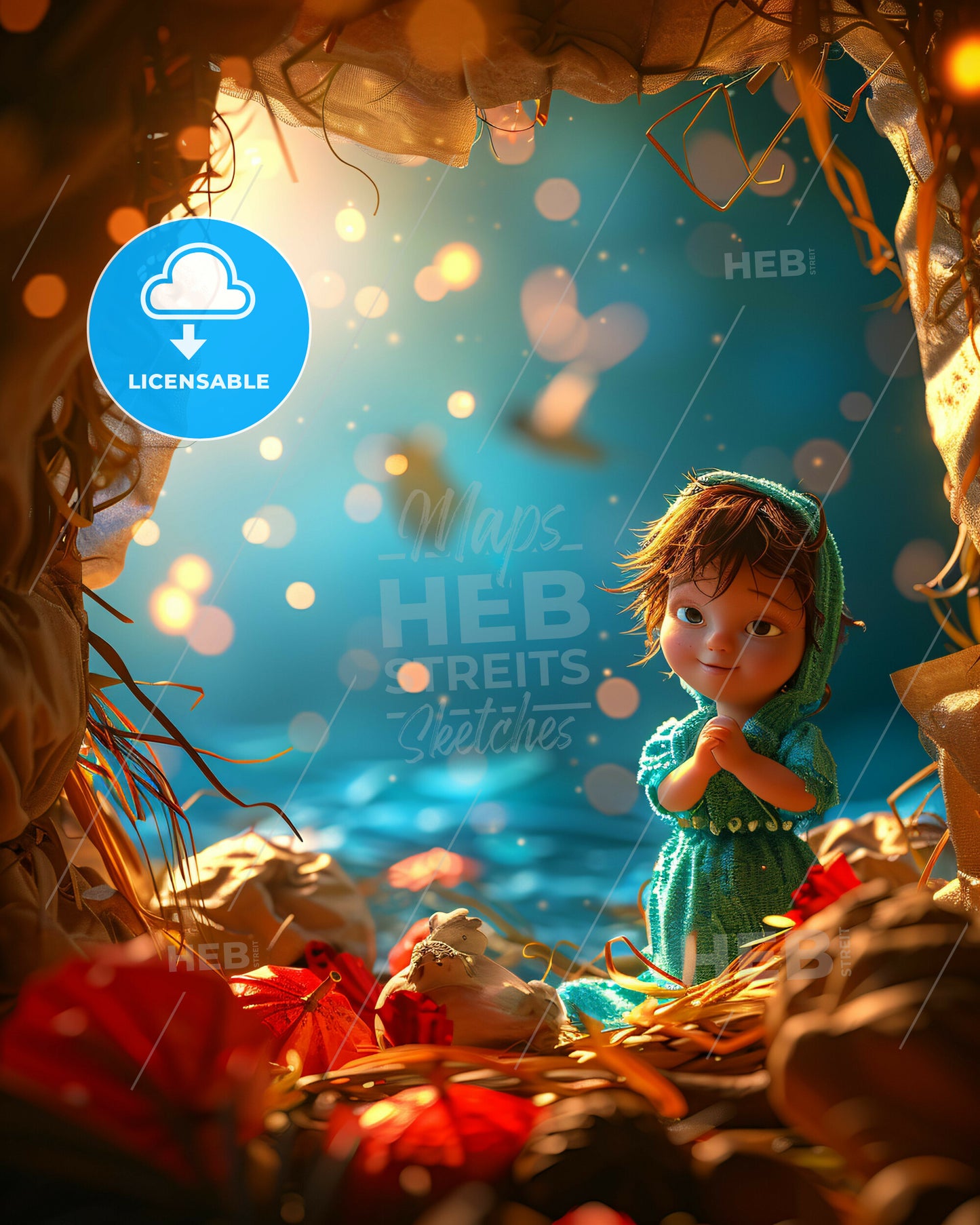 fetus outline illustration, beige paper background - A doll in a nest