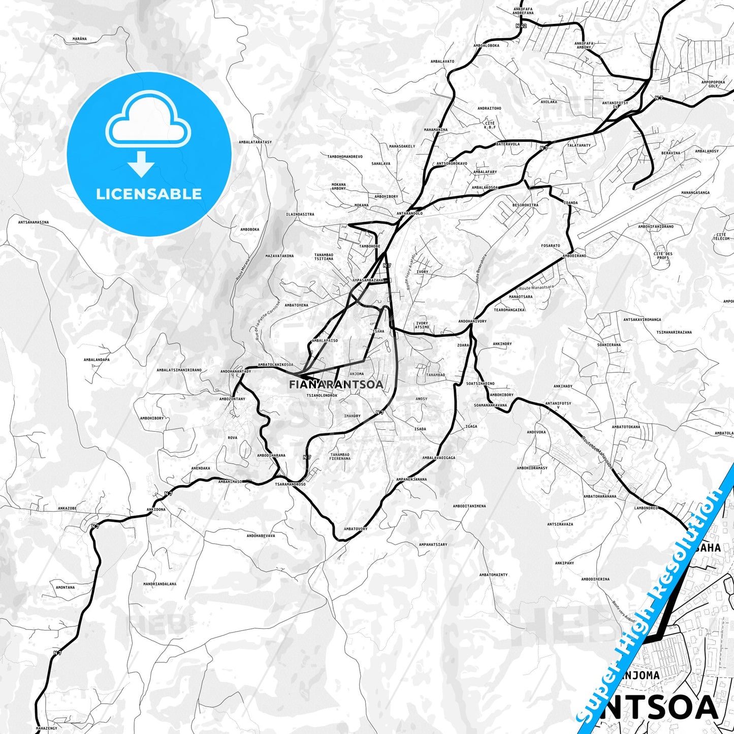 Fianarantsoa, Madagascar Light Map with Street Names, City Names, and Districts