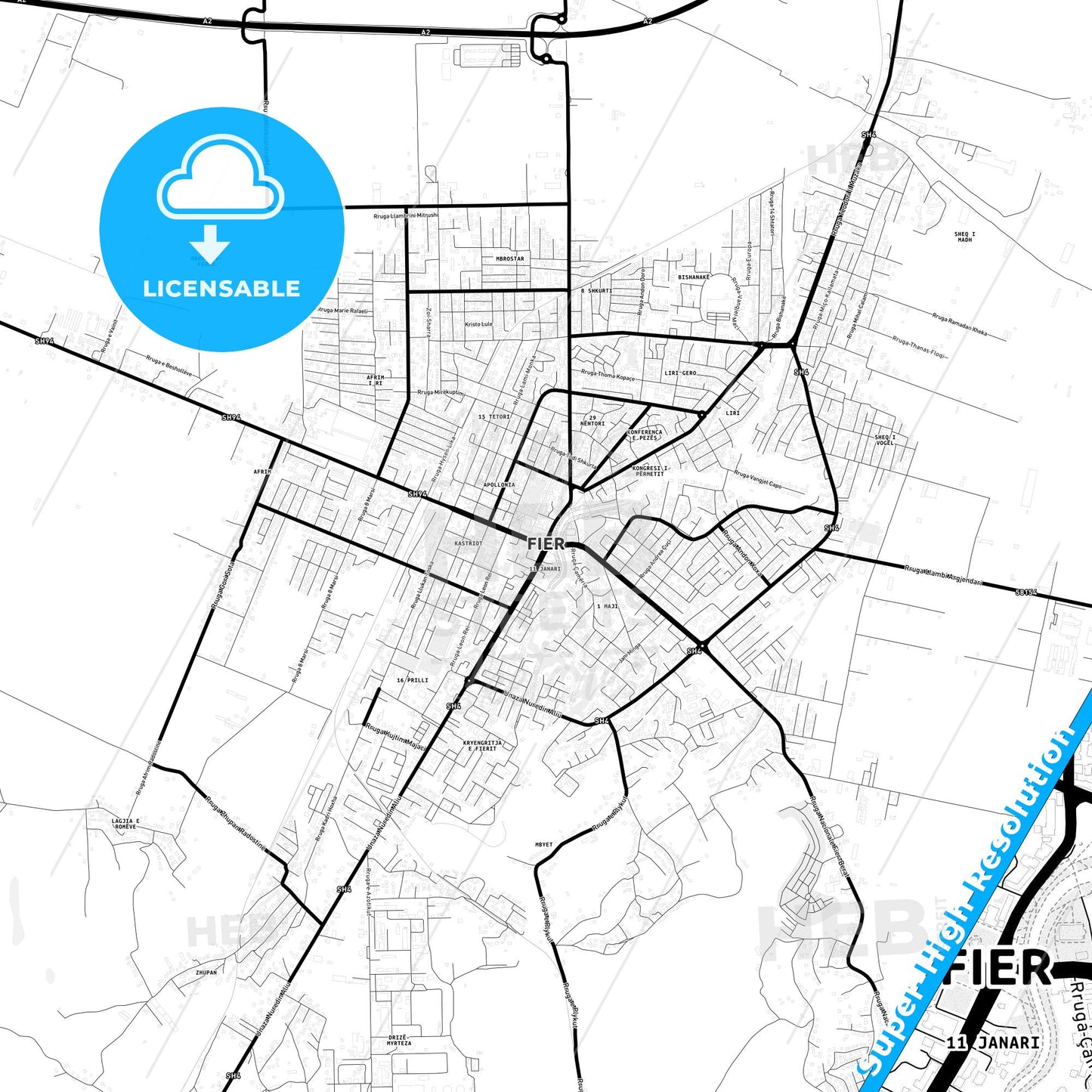 Fier, Albania Light Map with Street Names, City Names, and Districts