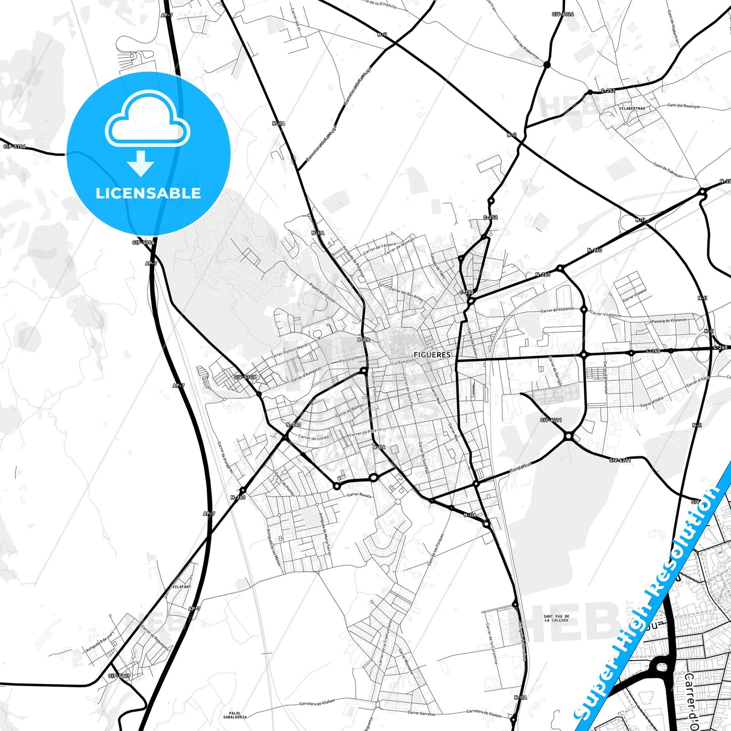 Figueres, Spain Light Map with Street Names, City Names, and Districts