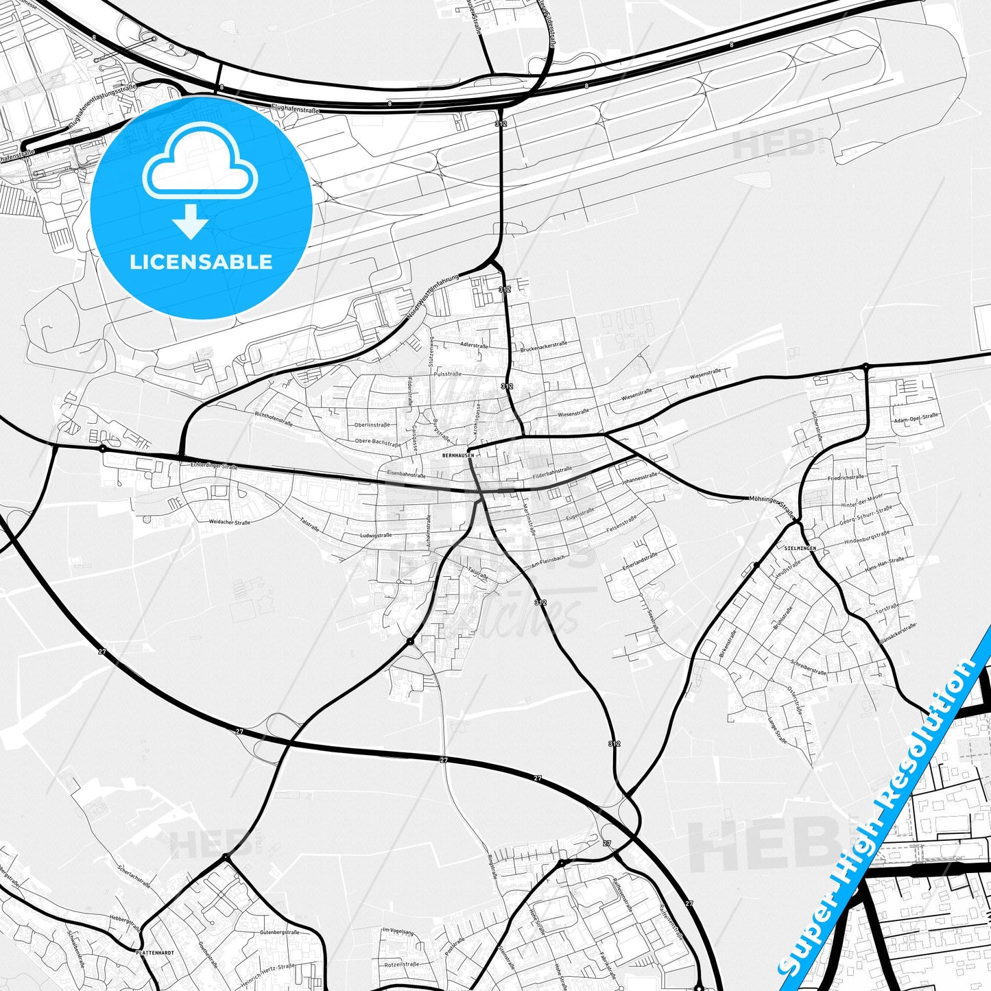 Filderstadt, Germany Light Map with Street Names, City Names, and Districts