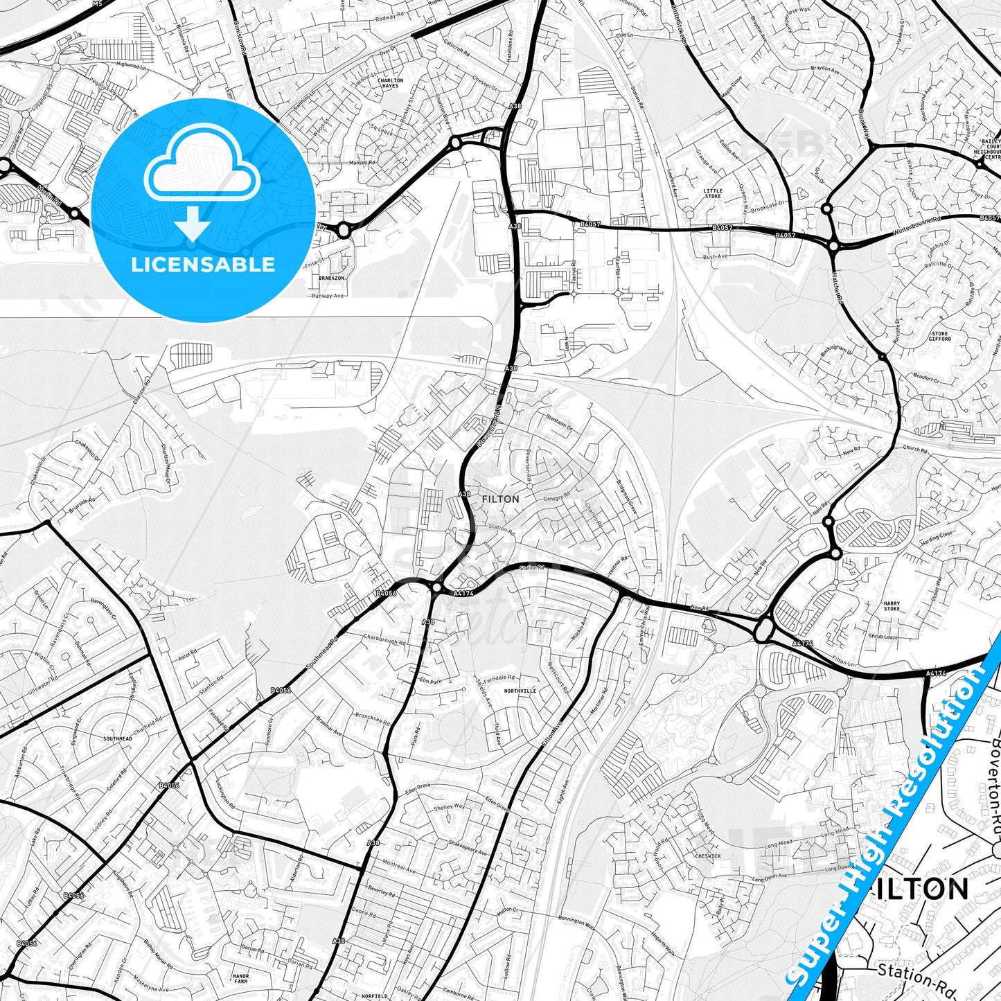 Filton, England Light Map with Street Names, City Names, and Districts