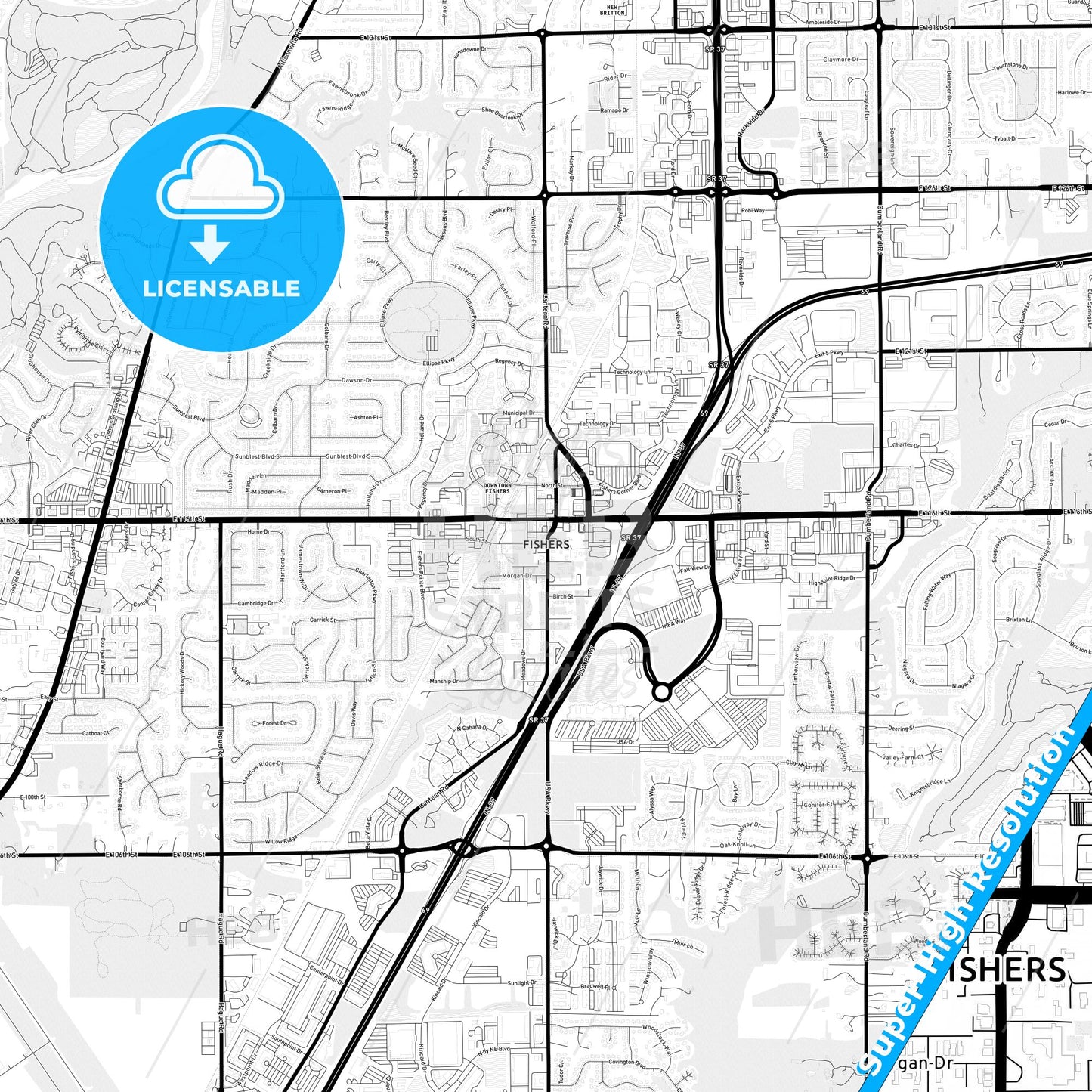 Fishers, Indiana Light Map with Street Names, City Names, and Districts