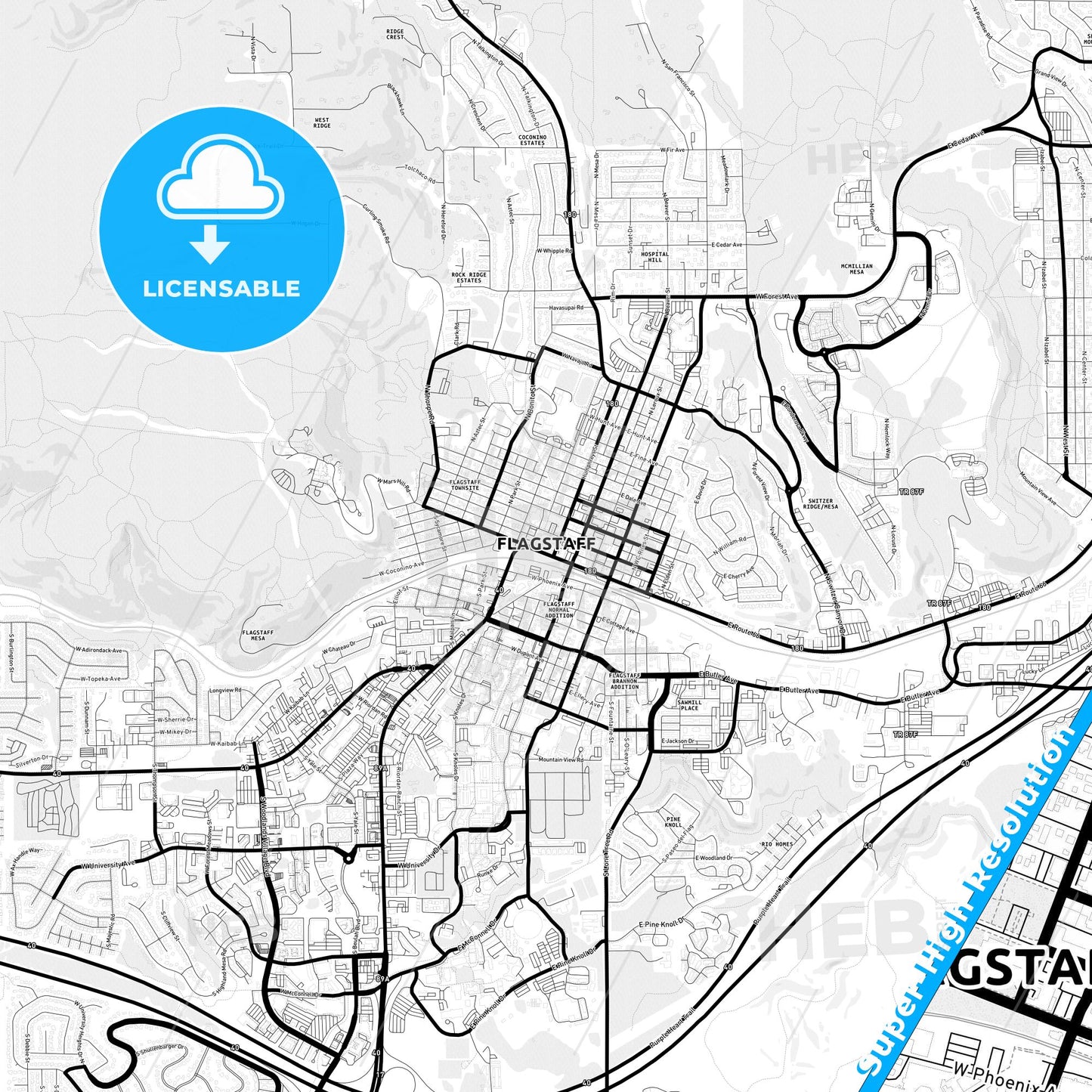 Flagstaff, Arizona Light Map with Street Names, City Names, and Districts