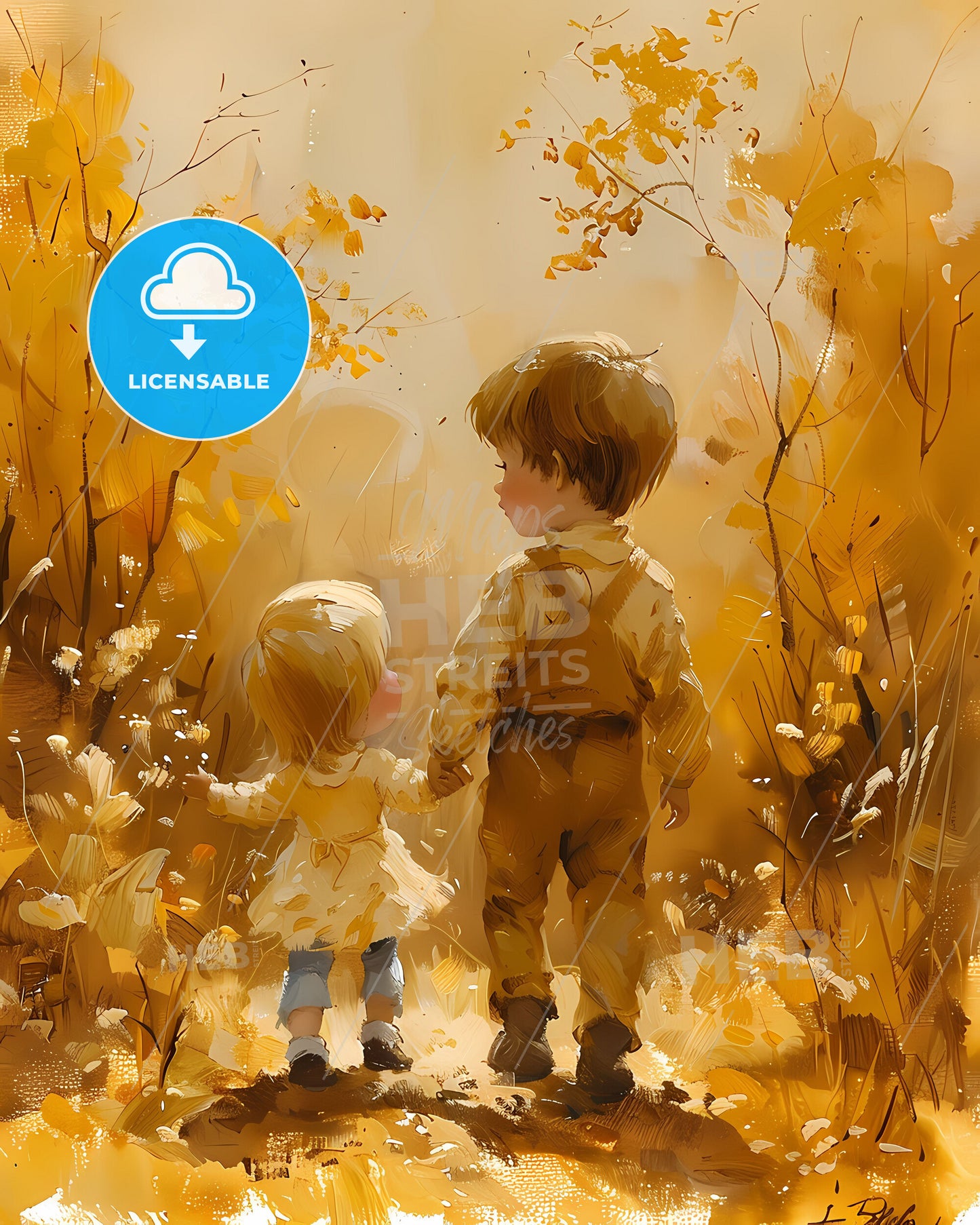 Vibrant art painting depicting a boy and girl holding hands on a forest background perfect for Friendship Day celebration