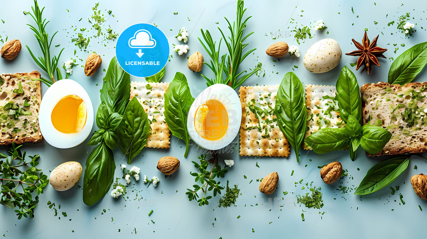 Abstract Happy Passover Digital Painting | Artistic Judaism Celebration | Vibrant Egg and Crackers Feast | Nuts and Herbs Centerpiece