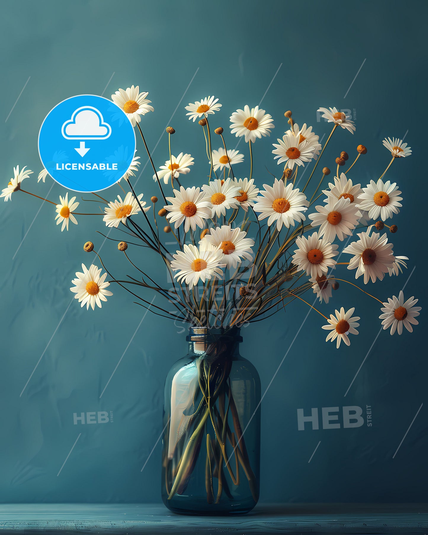 Modern Minimalist Line Art Floral Painting, White Daisy Bouquets in Vase, Flat Color Background, Digital Print, Printable Wall Art