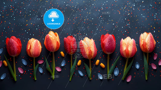 Vibrant Spring Background with Row of Colorful Tulips and Seeds for Art and Design Projects