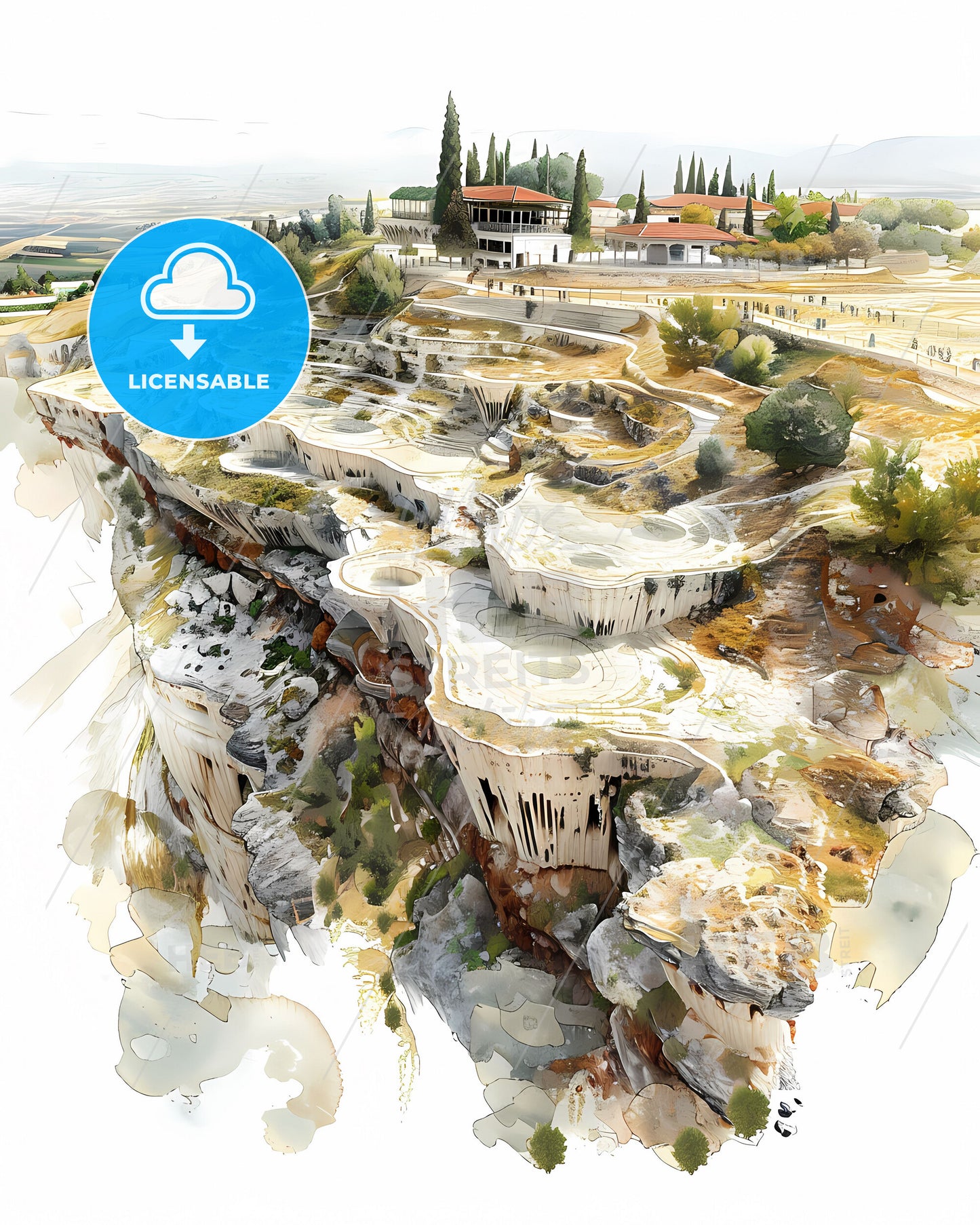 Tranquil Side-Angle Perspective of Pamukkale's Travertines with Hierapolis in Background, Painting-Inspired Illustration for Web