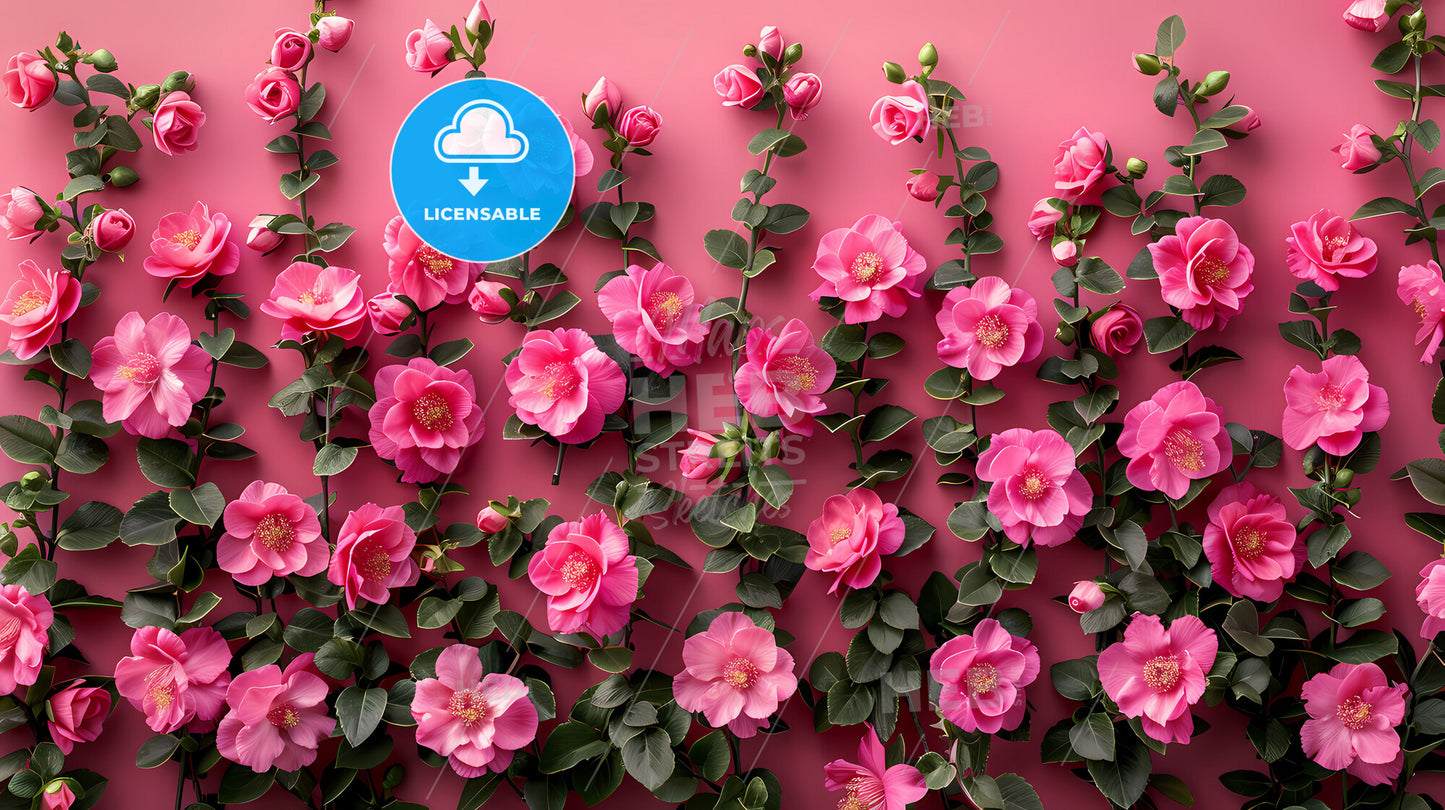 Vibrant Floral Composition with Pink Flowers on Pink Background, Minimalist Art Focus, Flat Lay Photography, Copy Space for Text