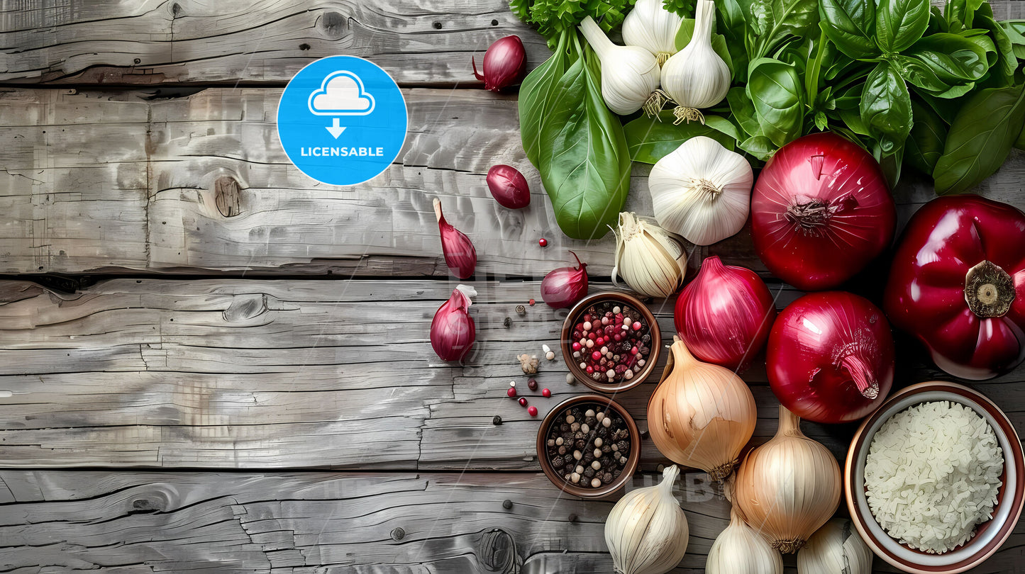 Vibrant Passover Artwork: Colorful Onions and Garlic on Rustic Wood Canvas