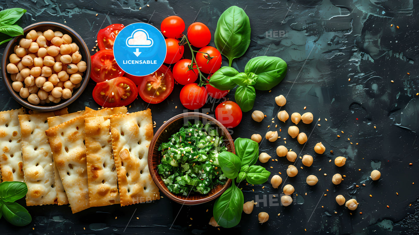 Vibrant Passover Photocall Template with Traditional Food and Bold Art, Blank Copy Space