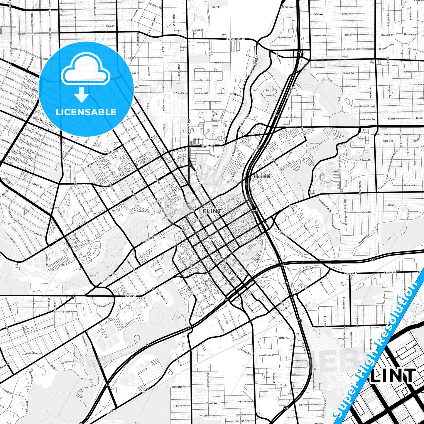 Flint, Michigan Light Map with Street Names, City Names, and Districts