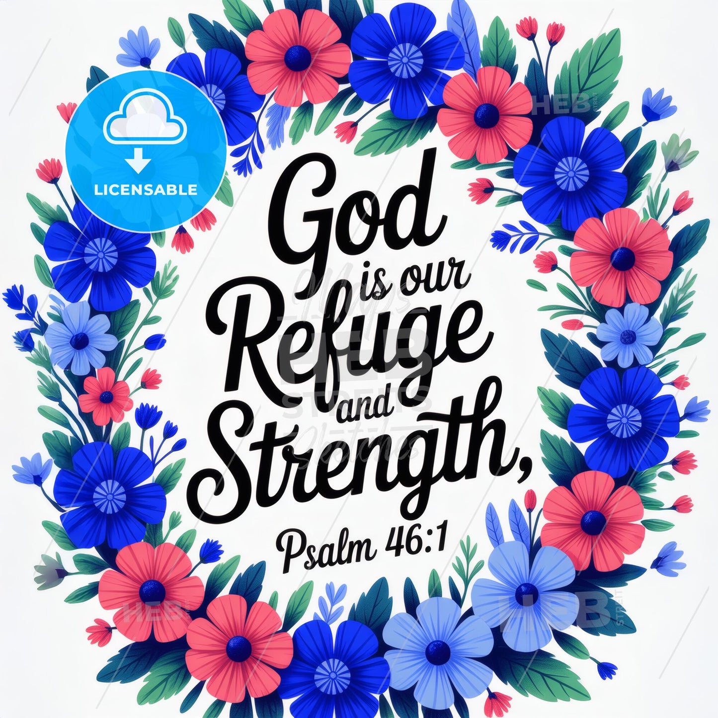 Floral Wreath with Inspirational Bible Verse: 'God is Our Refuge and Strength, Psalm 46:1'