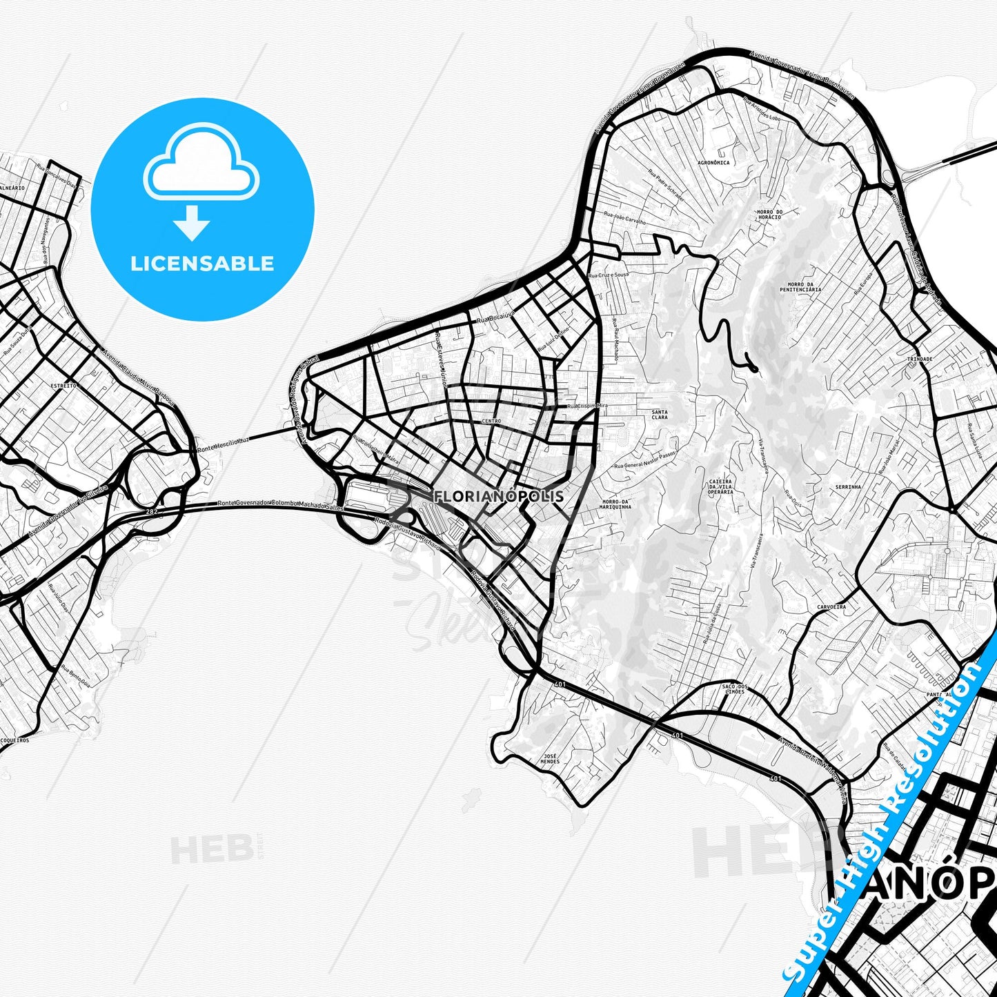 Florianopolis, Brazil Light Map with Street Names, City Names, and Districts