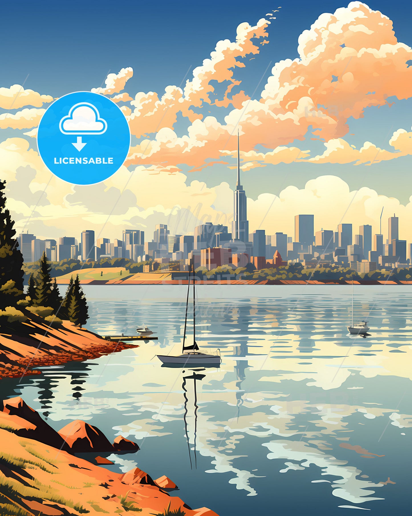 Artistic city skyline of Florianopolis, Brazil featuring a vibrant painting with boats on the lake