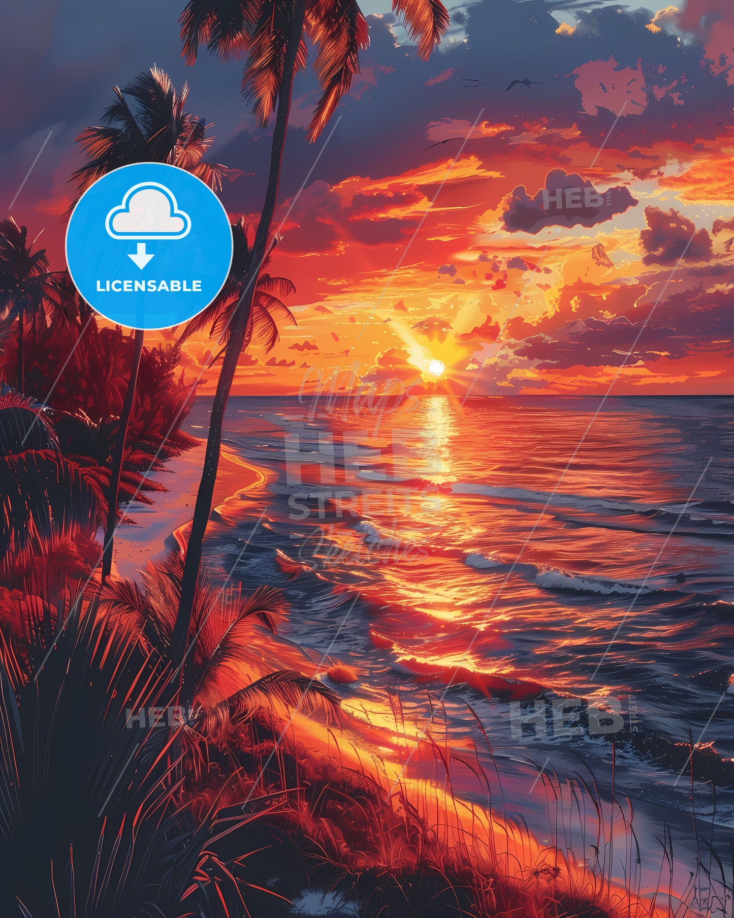 Vibrant Abstract Painting Depicting a Stunning Sunset over a Florida Beach