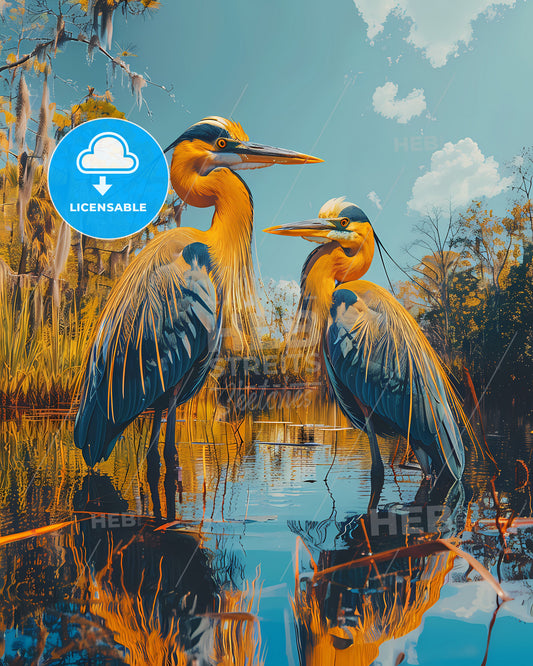 Vibrant Art Painting: Colorful Birds in Water, Florida Landscape