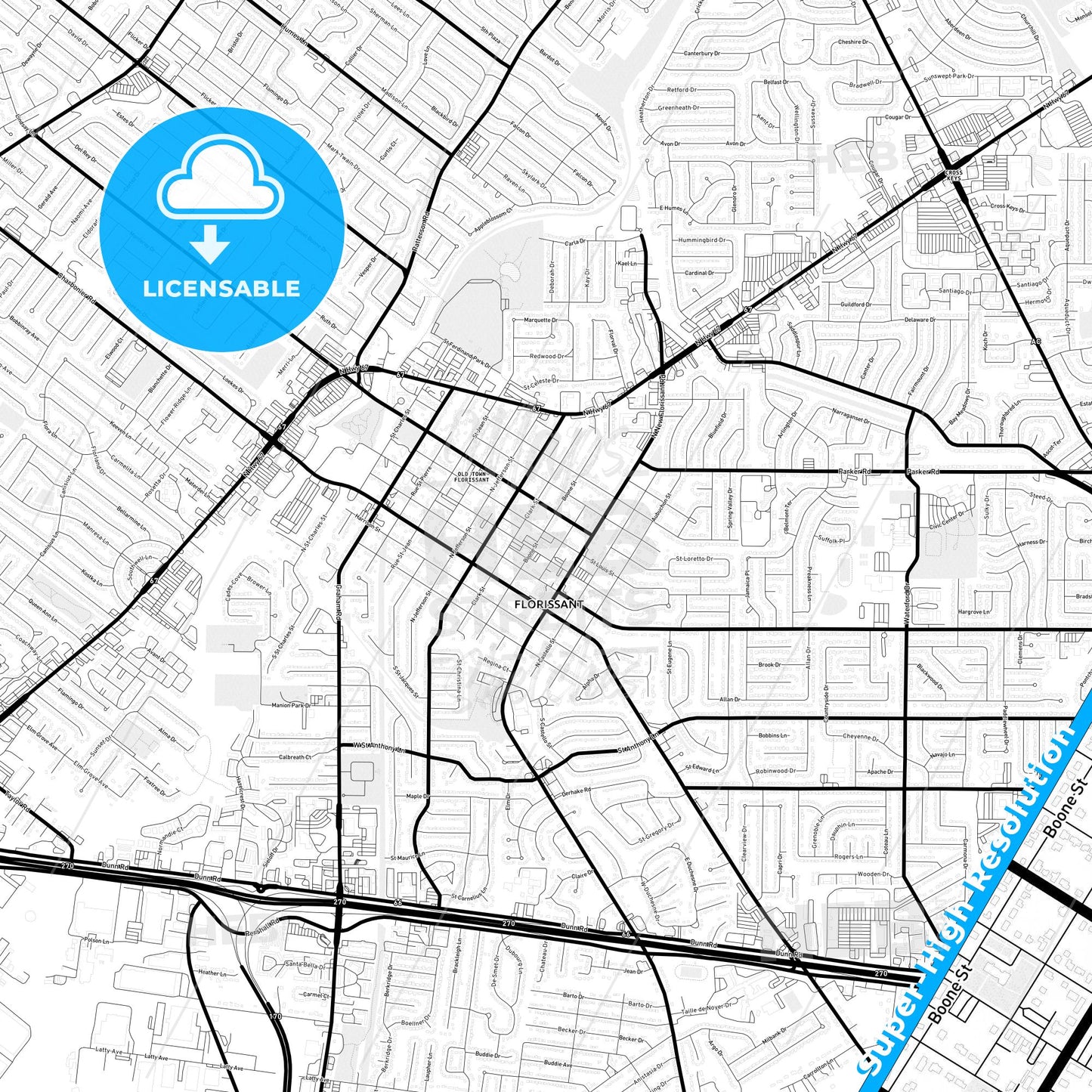 Florissant, Missouri Light Map with Street Names, City Names, and Districts