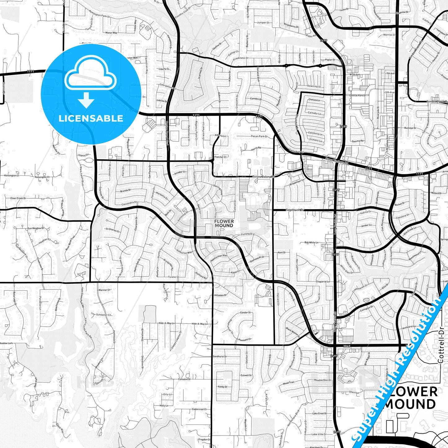Flower Mound, Texas Light Map with Street Names, City Names, and Districts