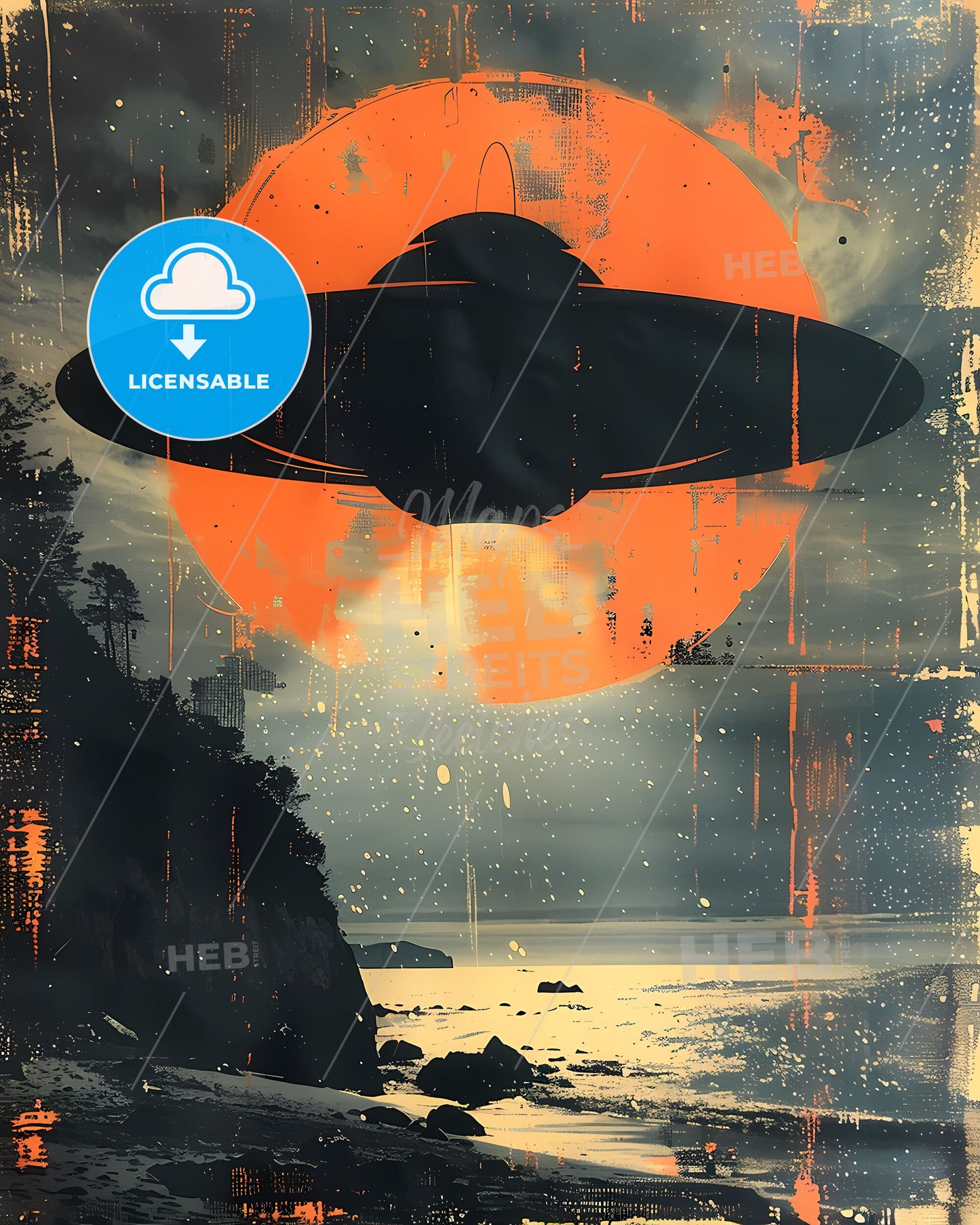 Abstract UFO Watercolor Minimalist Painting, Saucer Flying Over Colorful Water