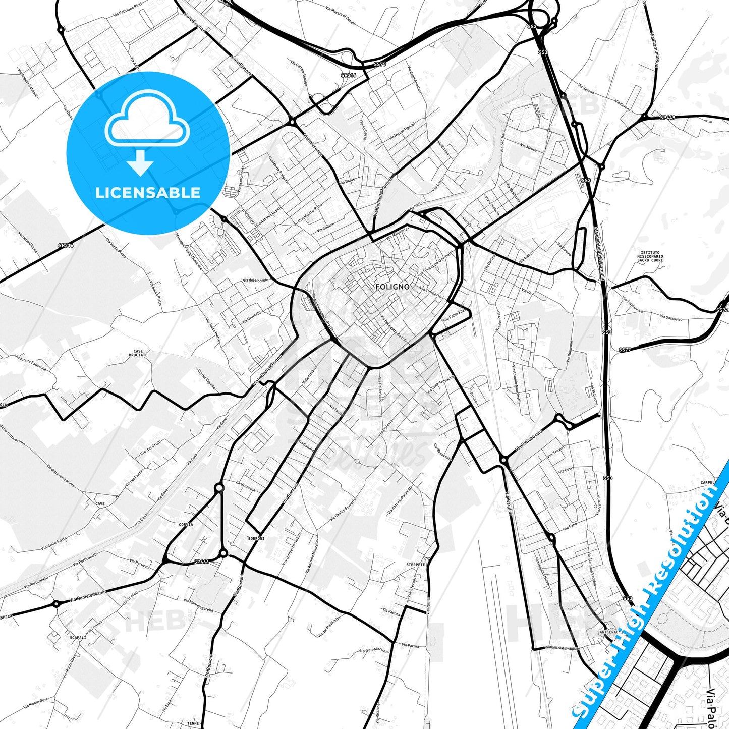 Foligno, Italy Light Map with Street Names, City Names, and Districts