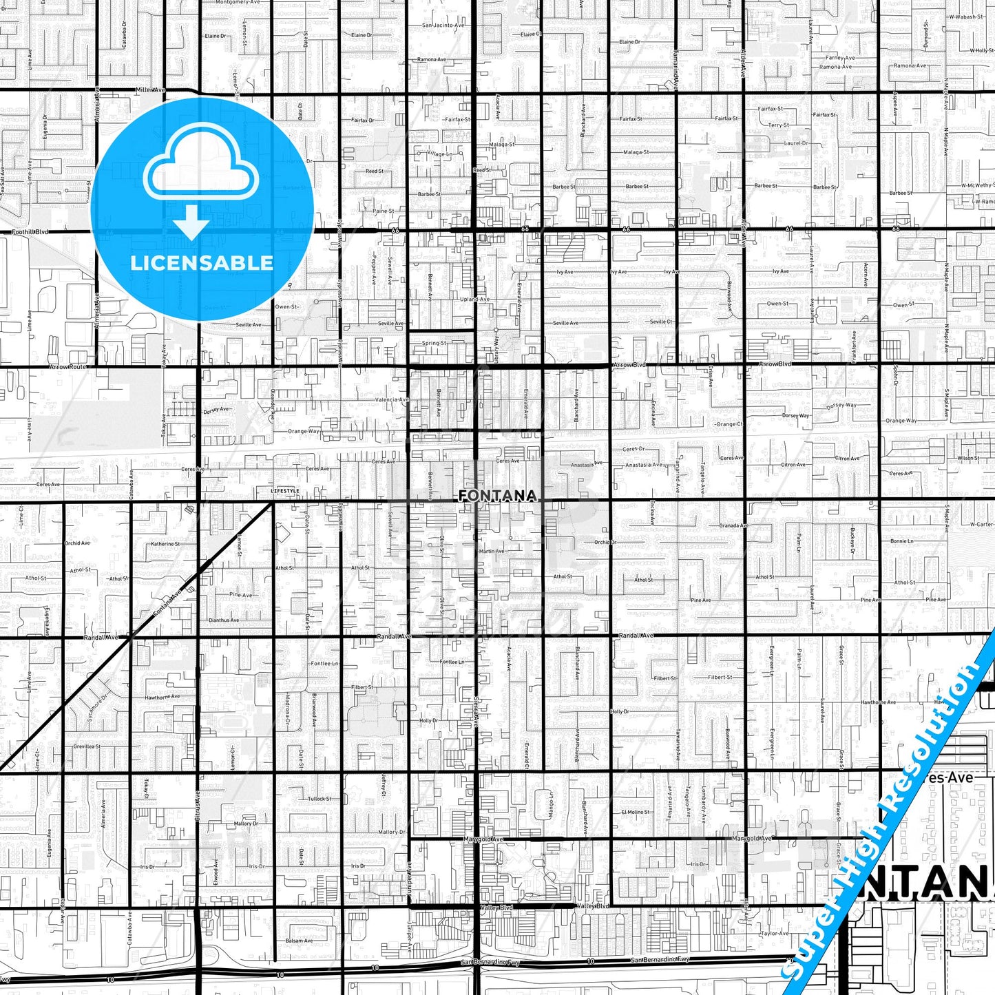Fontana, California Light Map with Street Names, City Names, and Districts