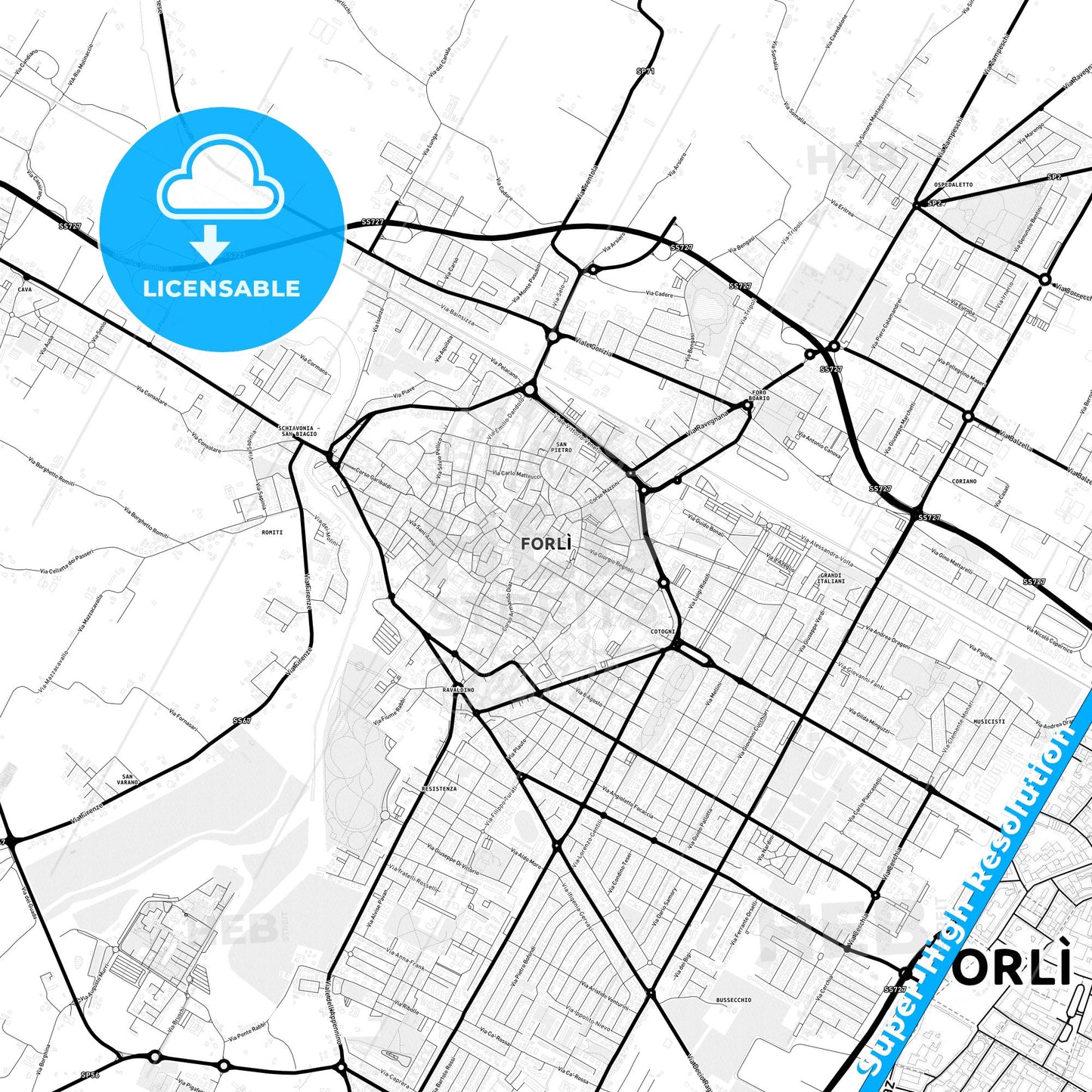 Forlì, Italy Light Map with Street Names, City Names, and Districts