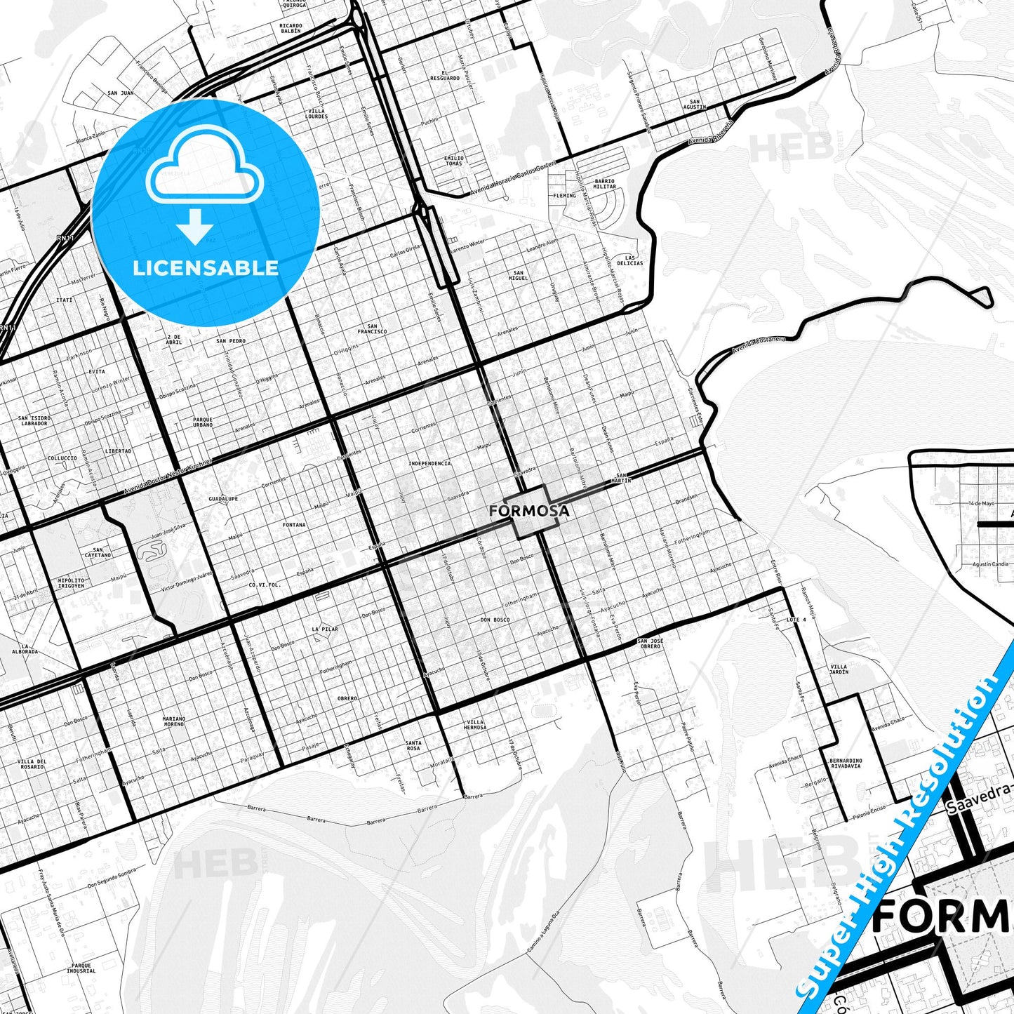 Formosa, Argentina Light Map with Street Names, City Names, and Districts