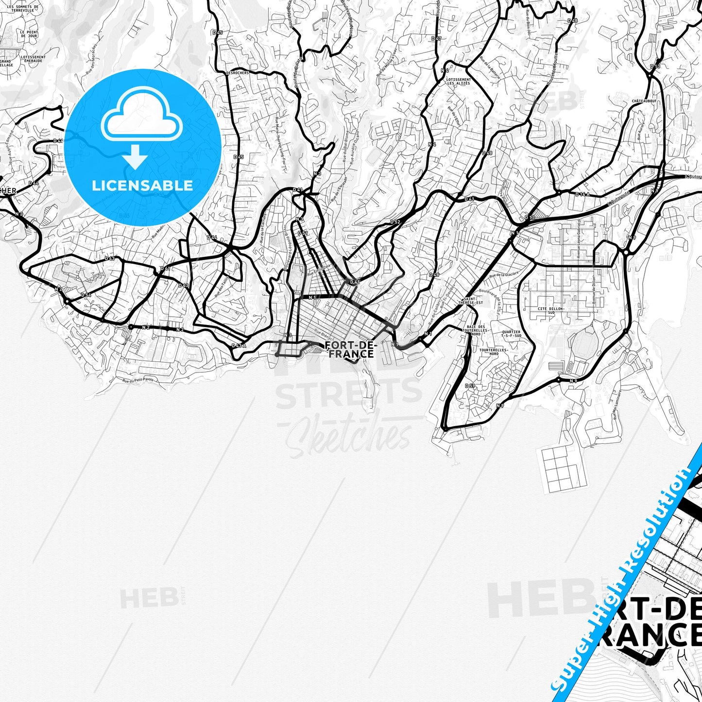 Fort-de-France, France Light Map with Street Names, City Names, and Districts