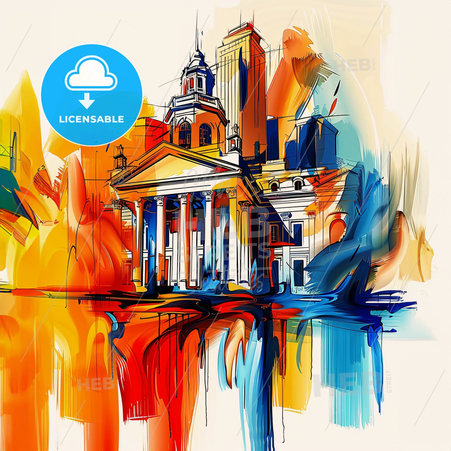 Vibrant Fort Worth, Texas - A Painting Of A Building With Columns And A Cityscape