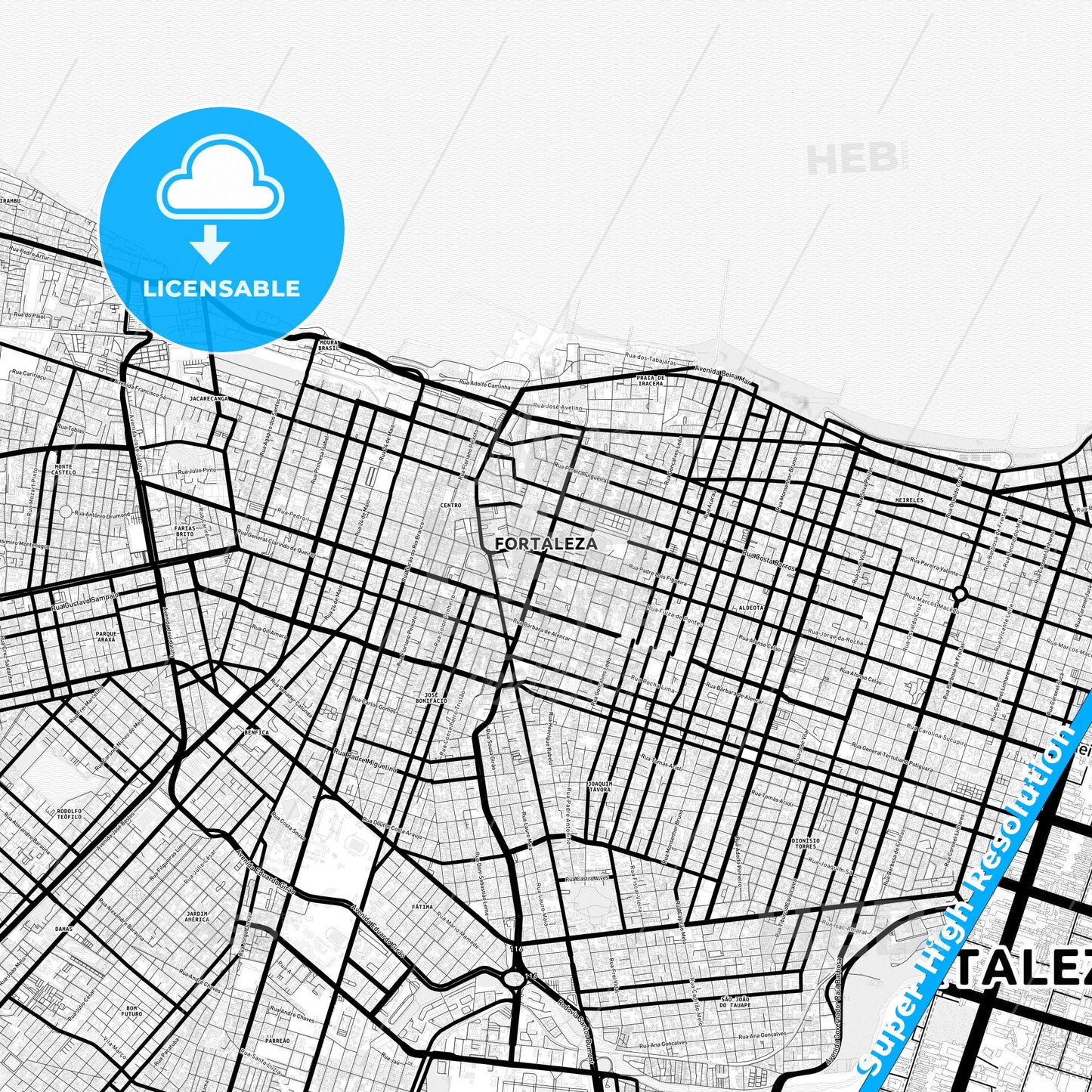 Fortaleza, Brazil Light Map with Street Names, City Names, and Districts