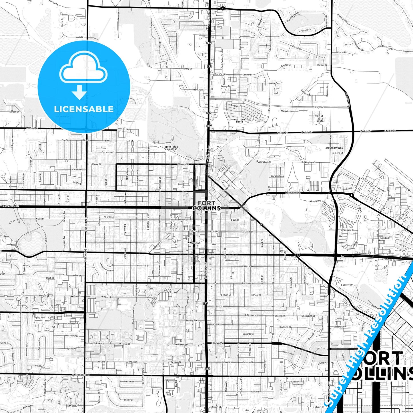 Fort Collins, Colorado Light Map with Street Names, City Names, and Districts