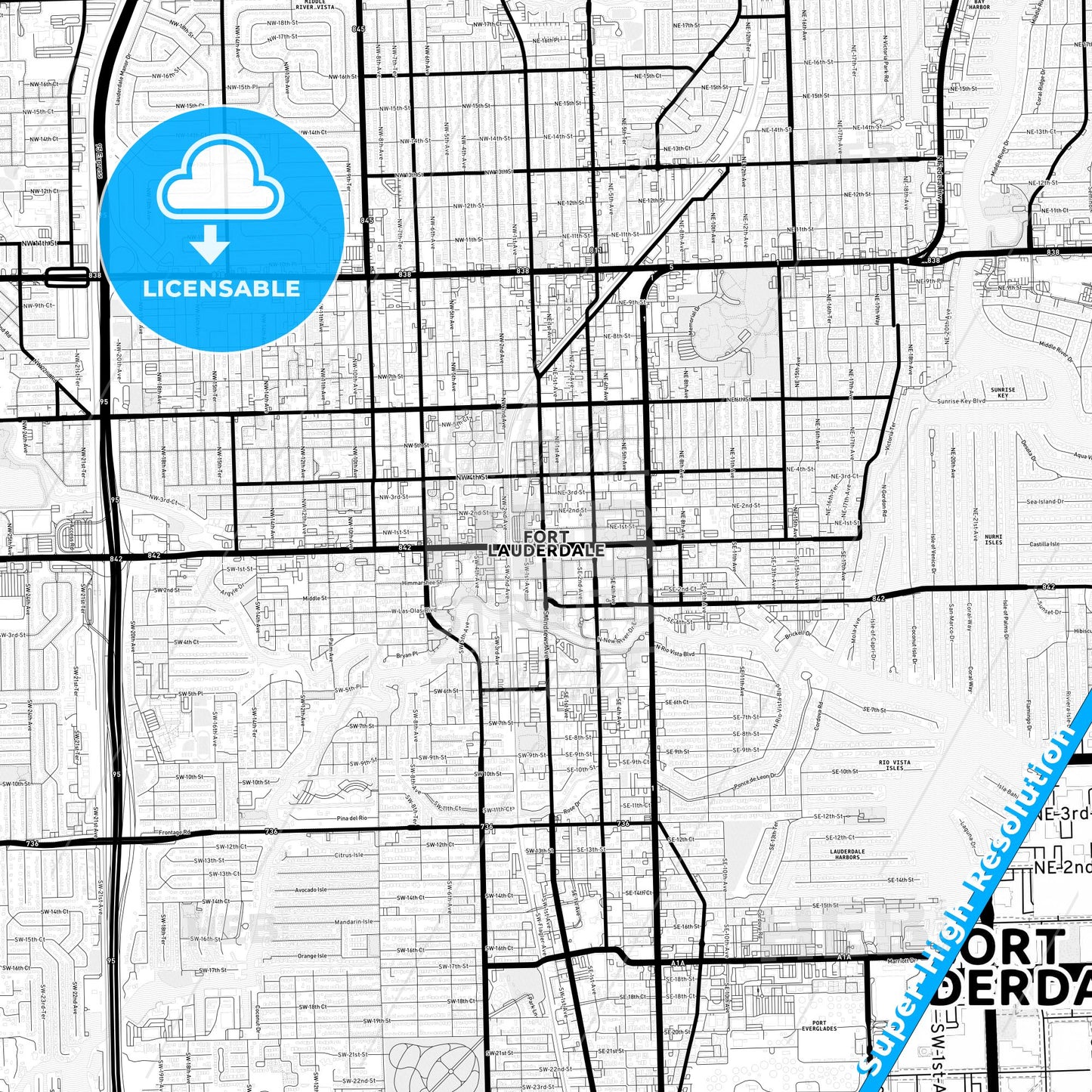 Fort Lauderdale, Florida Light Map with Street Names, City Names, and Districts