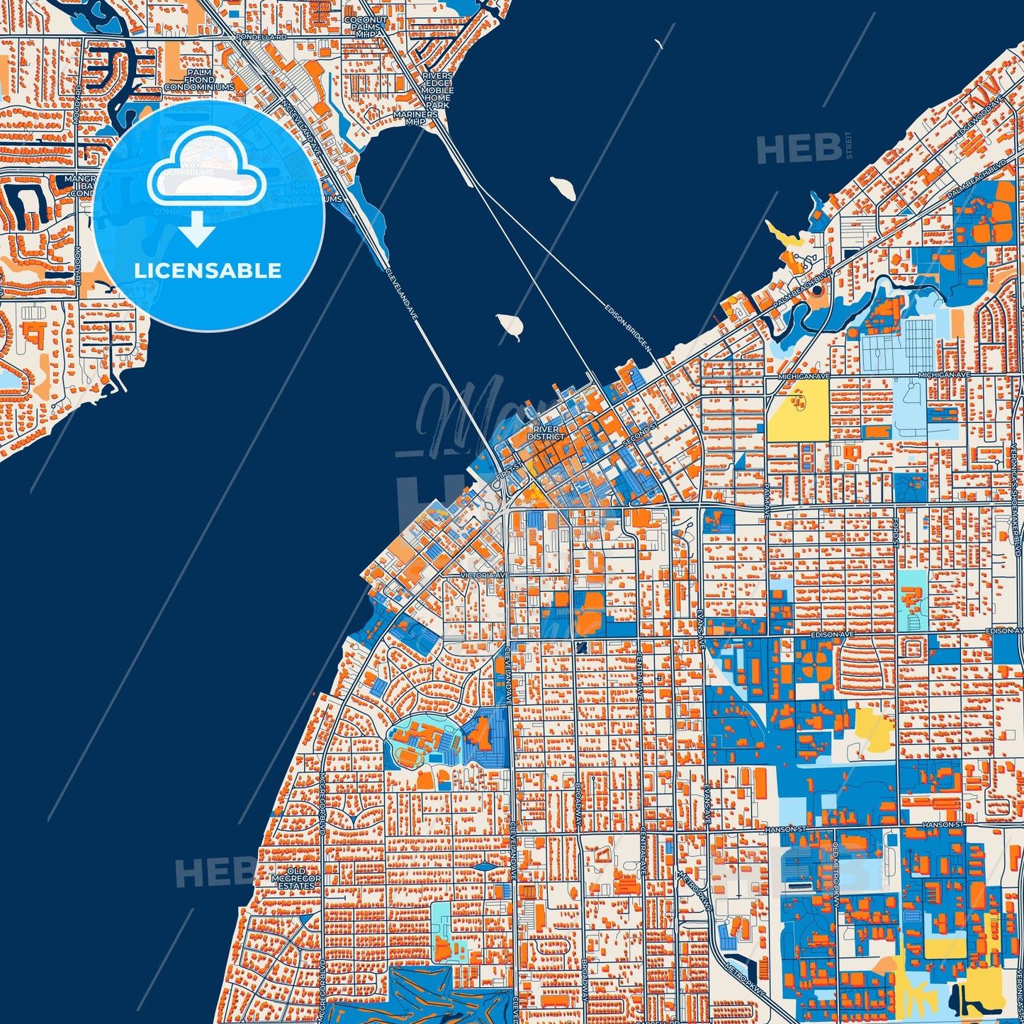 Colorful Fort Myers Street Map with Labels and Buildings