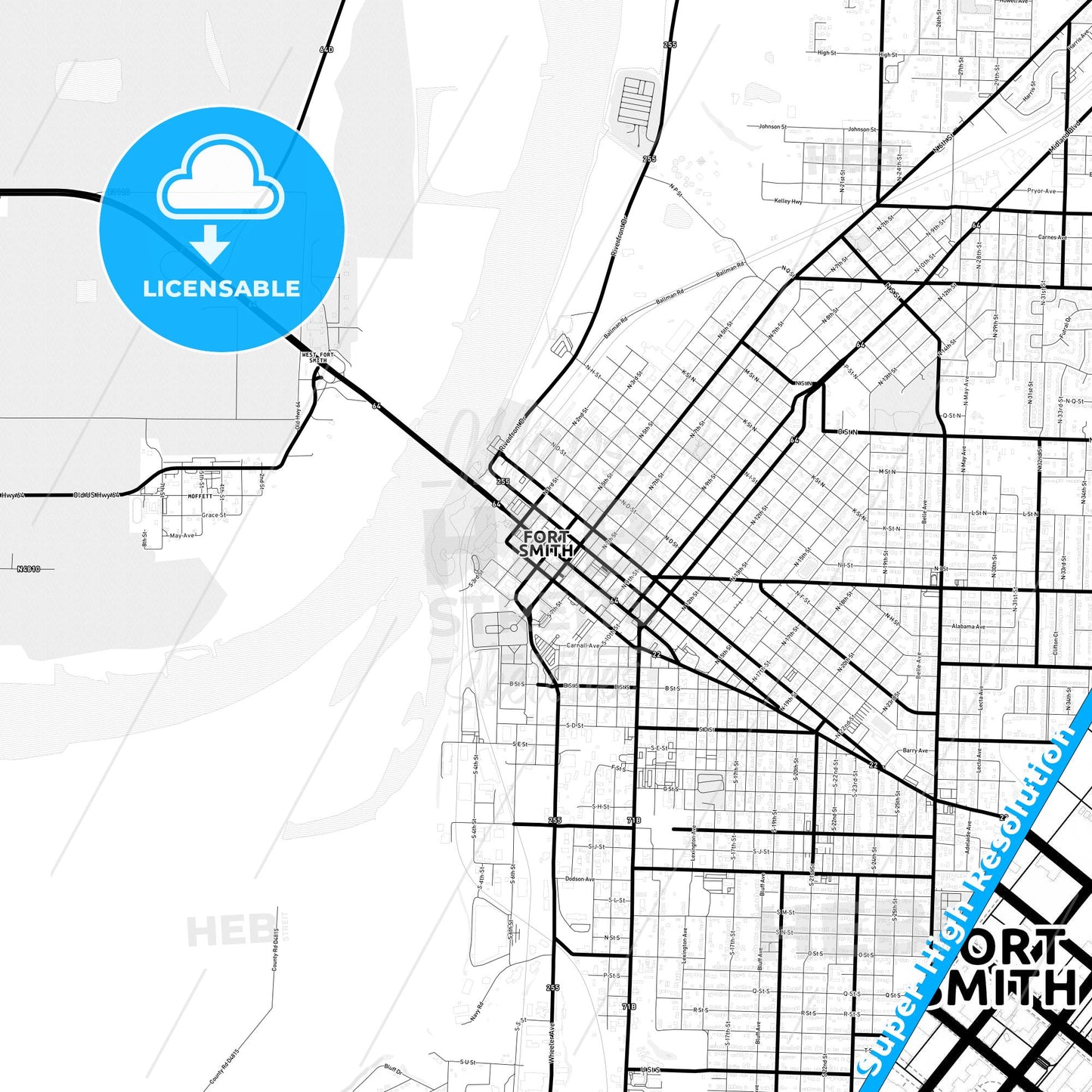 Fort Smith, Arkansas Light Map with Street Names, City Names, and Districts