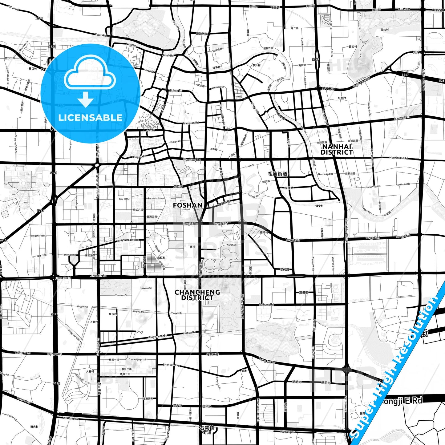 Foshan, China Light Map with Street Names, City Names, and Districts