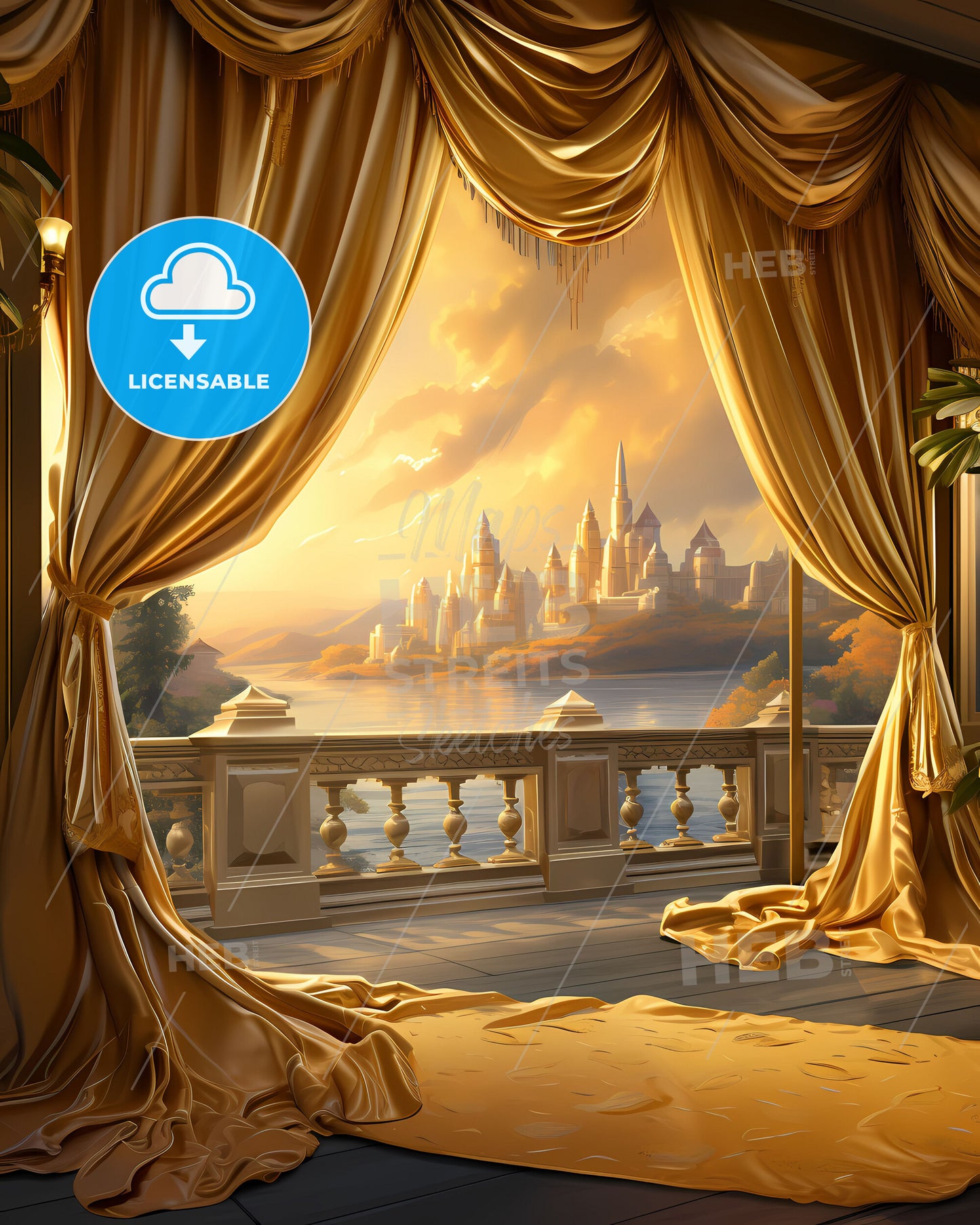 Vibrant Painting of a Balcony with a View of a Lake and Castle against the Foshan China Skyline