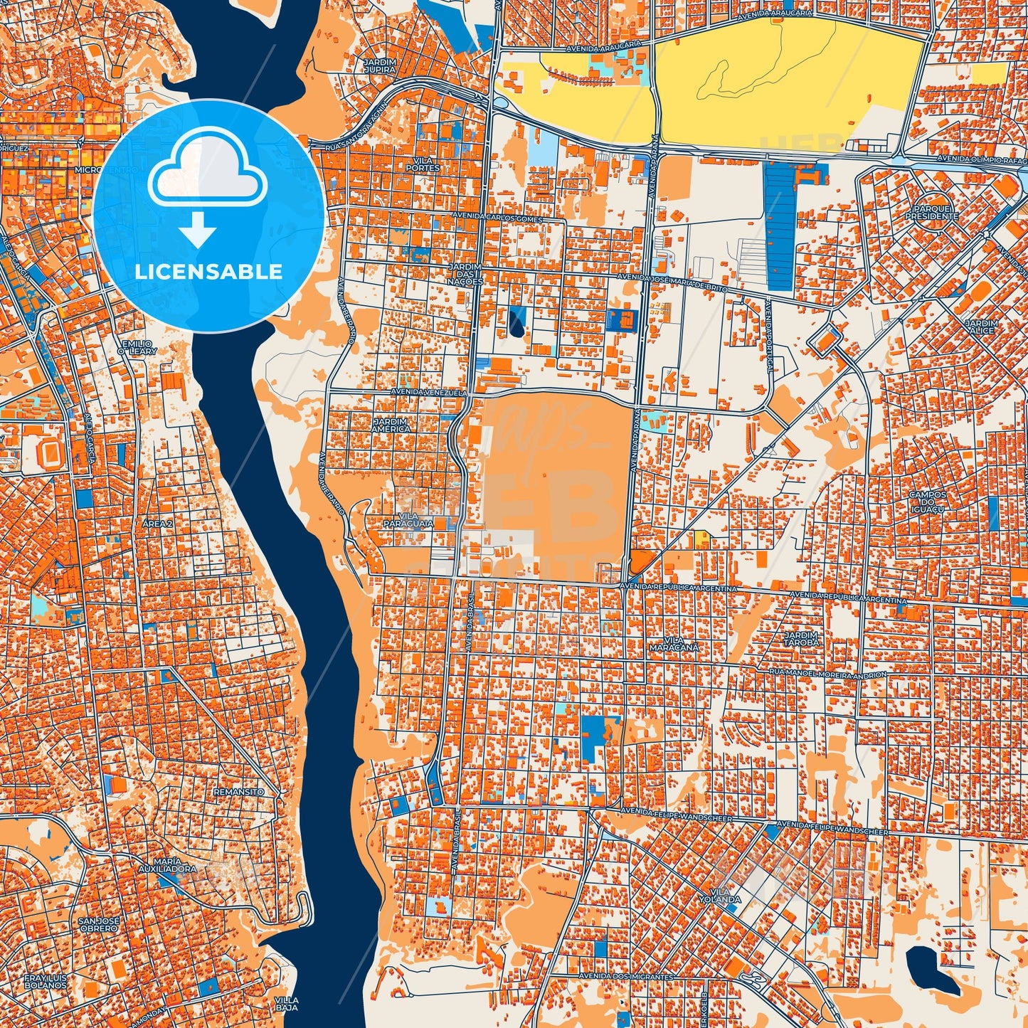 Colorful Foz do Iguacu Street Map with Labels and Buildings