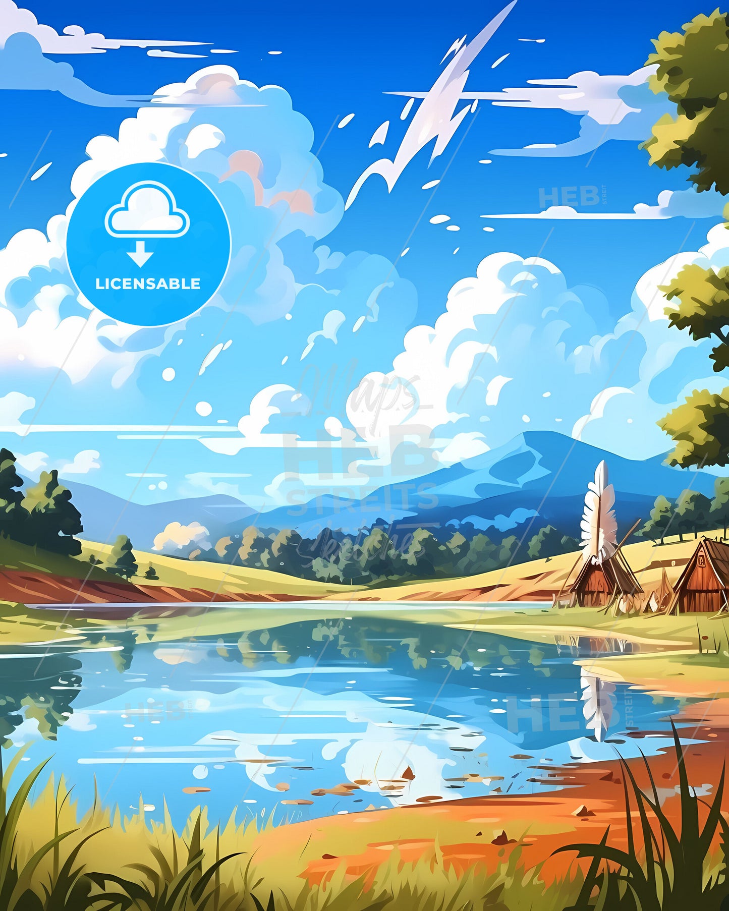 Franca Brazil Skyline, modern art, painting, vibrant colors, lake, houses, trees, artwork