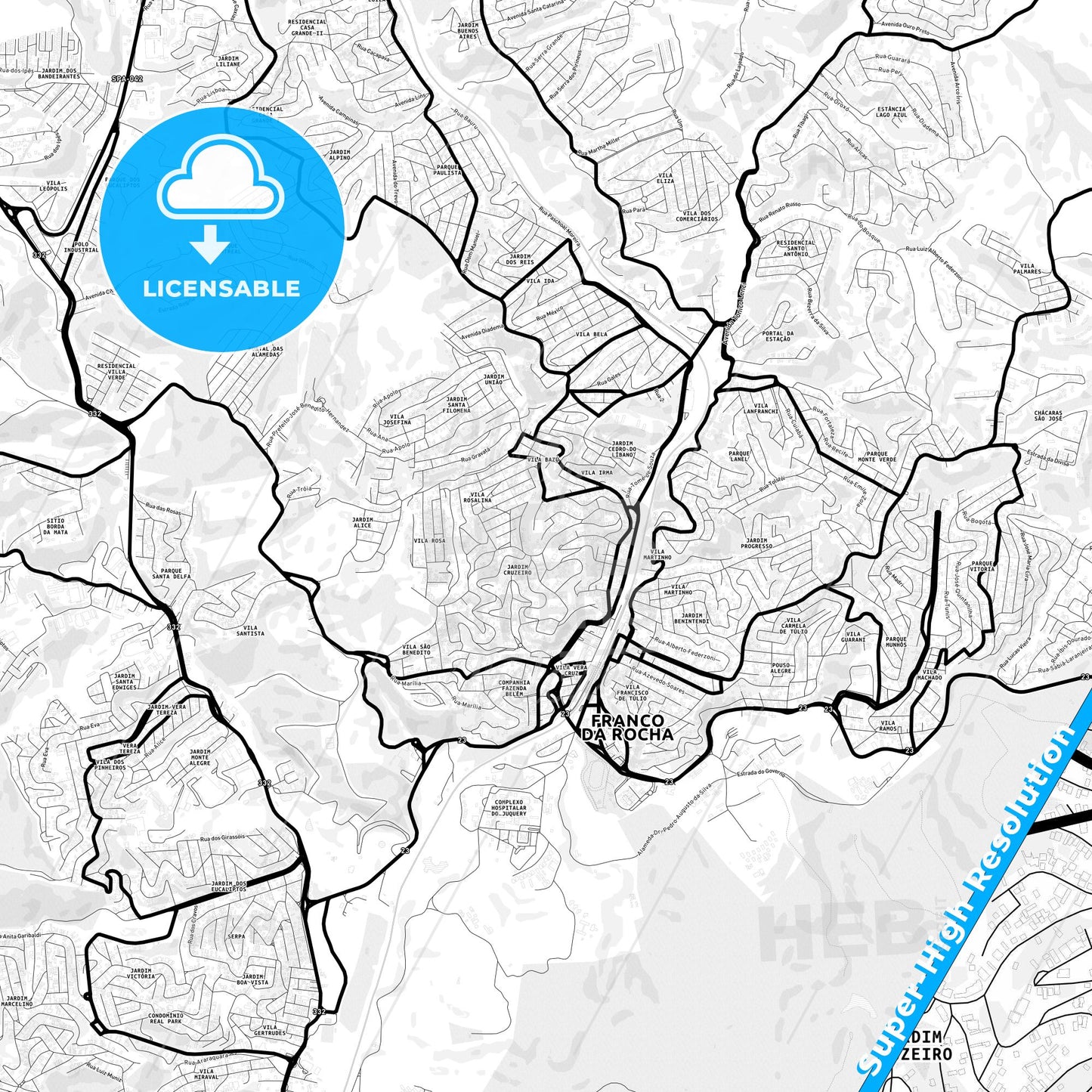 Franco da Rocha, Brazil Light Map with Street Names, City Names, and Districts