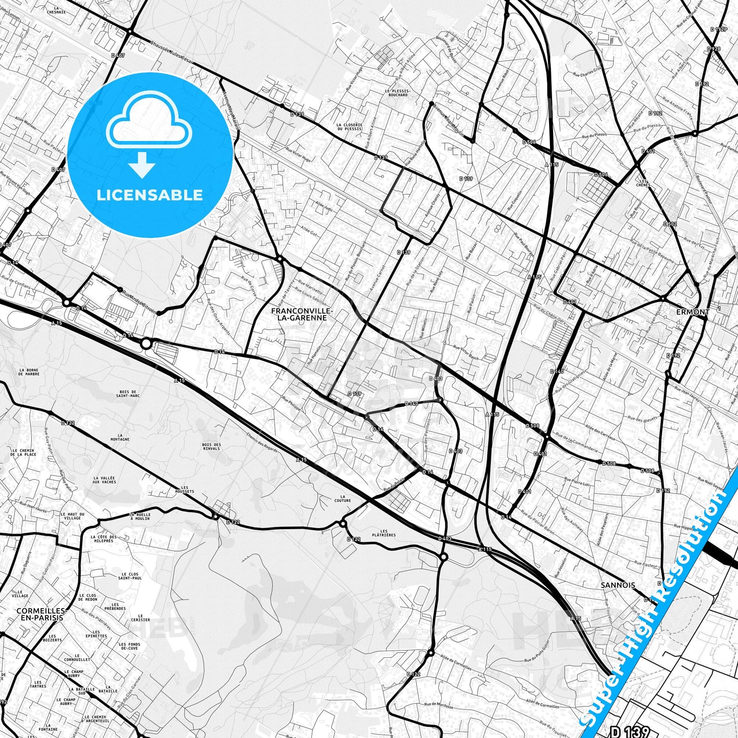 Franconville, France Light Map with Street Names, City Names, and Districts