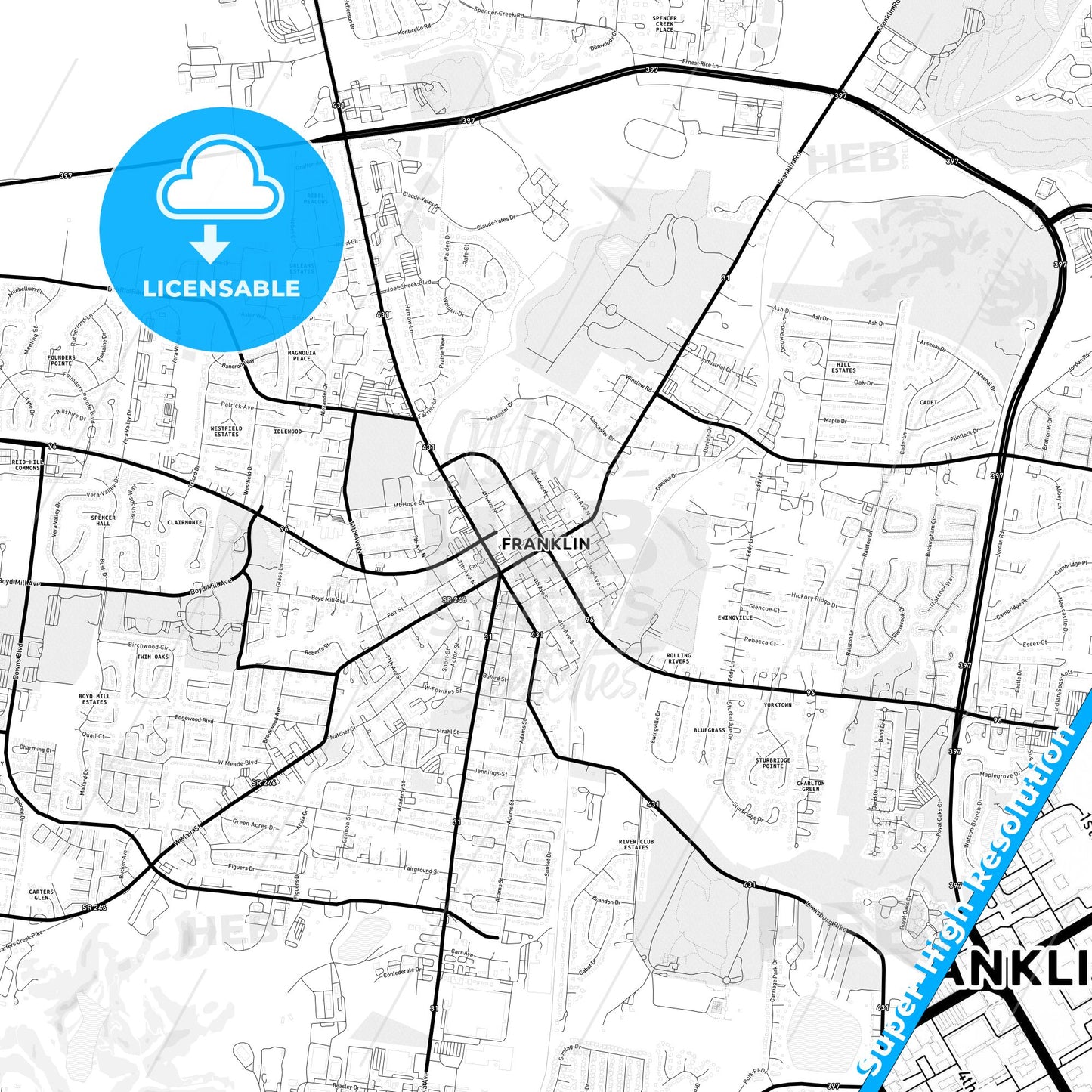 Franklin, Tennessee Light Map with Street Names, City Names, and Districts