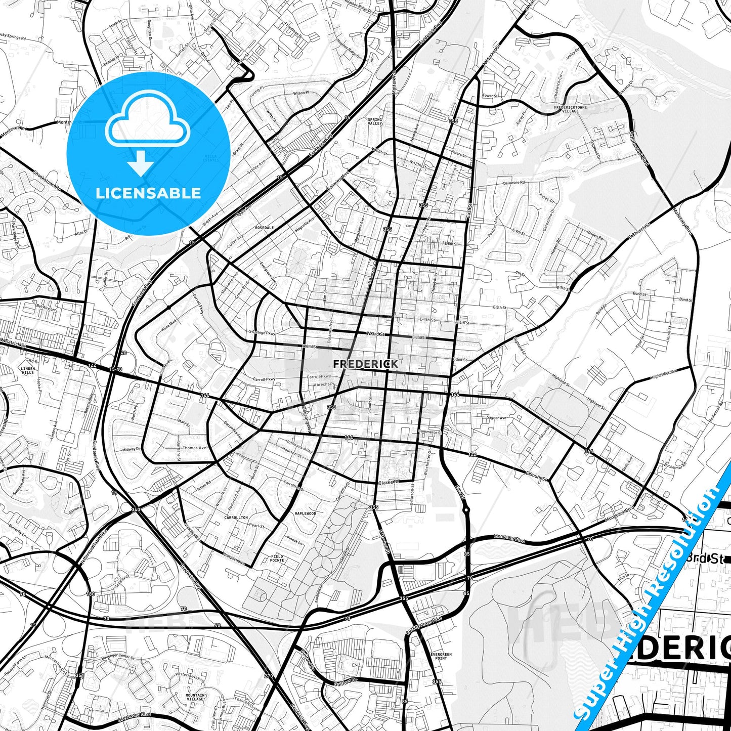 Frederick, Maryland Light Map with Street Names, City Names, and Districts