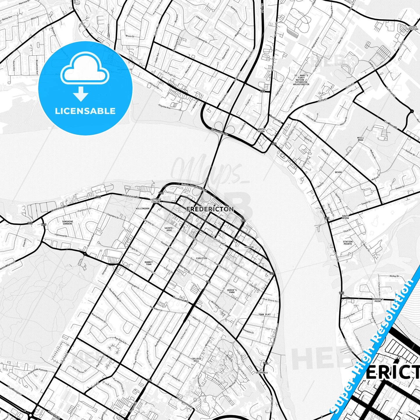 Fredericton, Canada Light Map with Street Names, City Names, and Districts