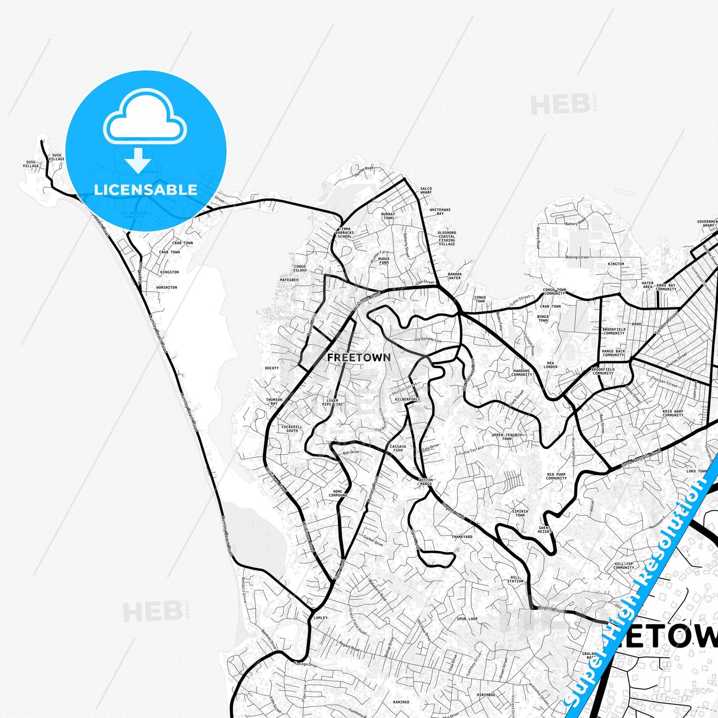 Freetown, Sierra Leone Light Map with Street Names, City Names, and Districts